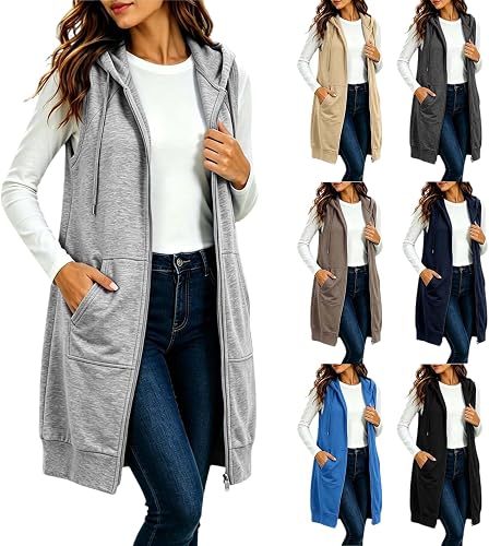 Rkwins Long Hoodies for Women Sleeveless Sweatshirts Zip Up Open Front Vest