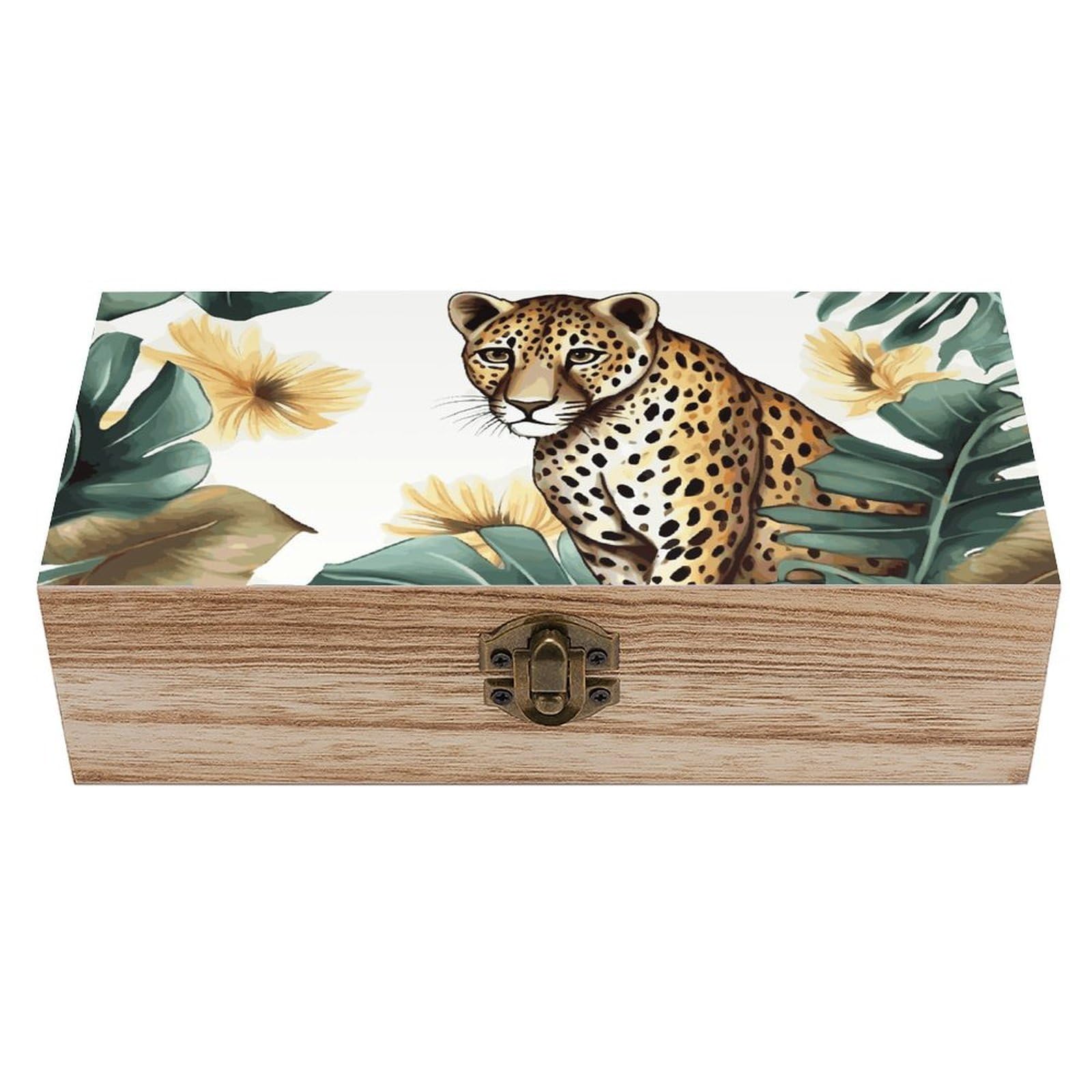 Leopard And Palm Leaves Wooden Storage Box Exquisite Durable Wood Gift Case Sturdy Vintage Jewelry Wooden Chest for Art Hobbies Storage Keepsake Gift