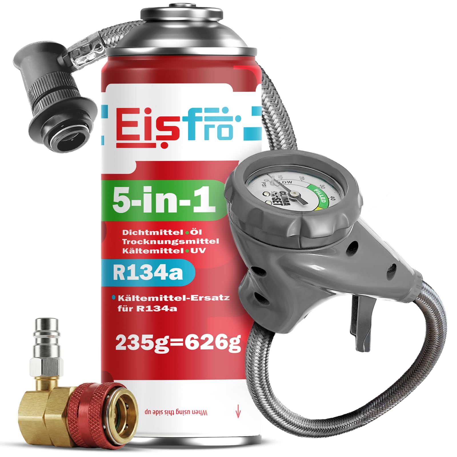 5 en 1: refrigerante sustituto R134a + Manguera, 235 g por Botella, para Aire Acondicionado con Aceite, aditivo sellador, colorante UV, Agente deshidratante – Adaptador HP/LP