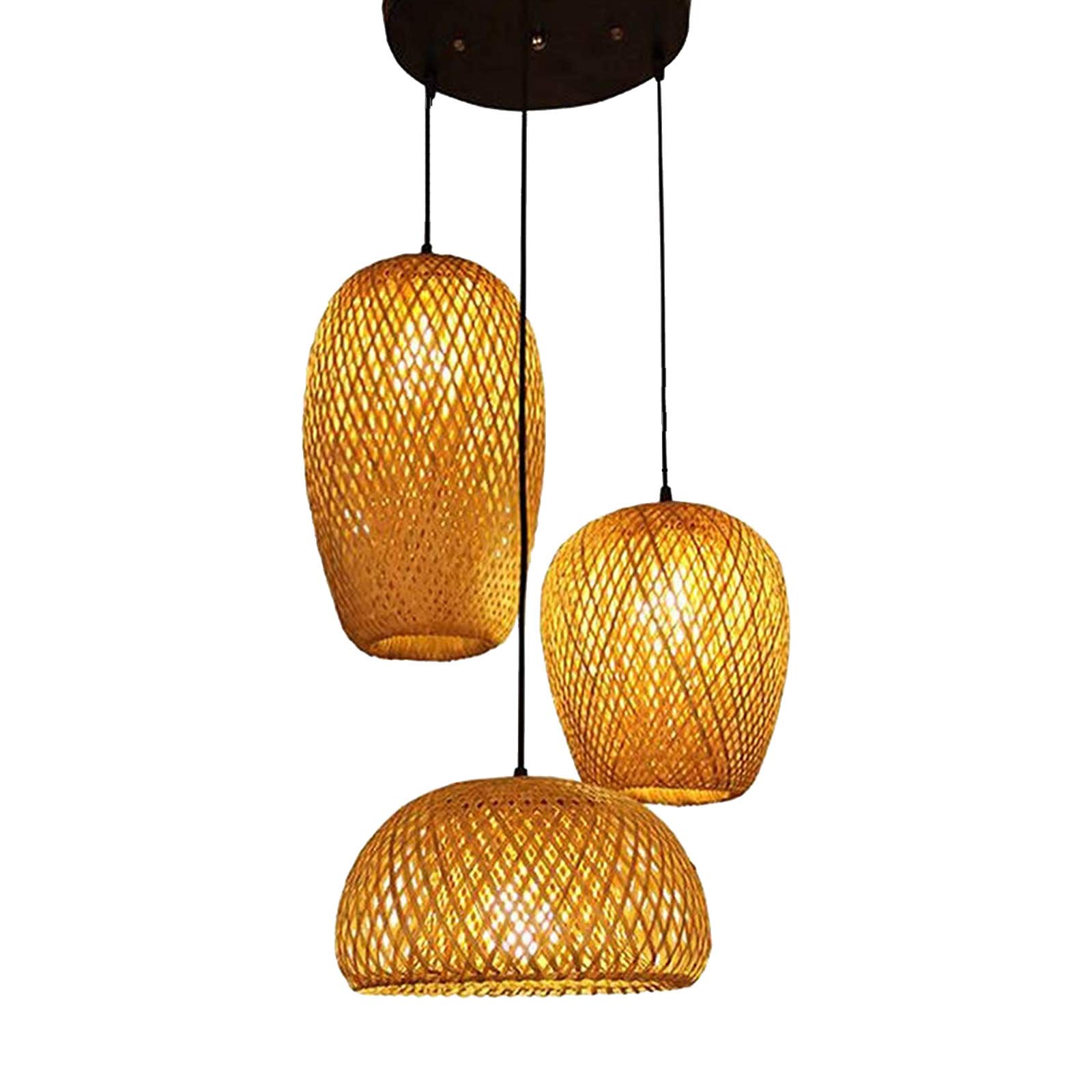 Bamboo Lantern Pendant Lamp LED Hanging Lamp Modern Weave Single Light Pendant Lamp Ceiling Hanging Light with Adjustable Cord for Restaurant Dining Room Bedroom (3in1)
