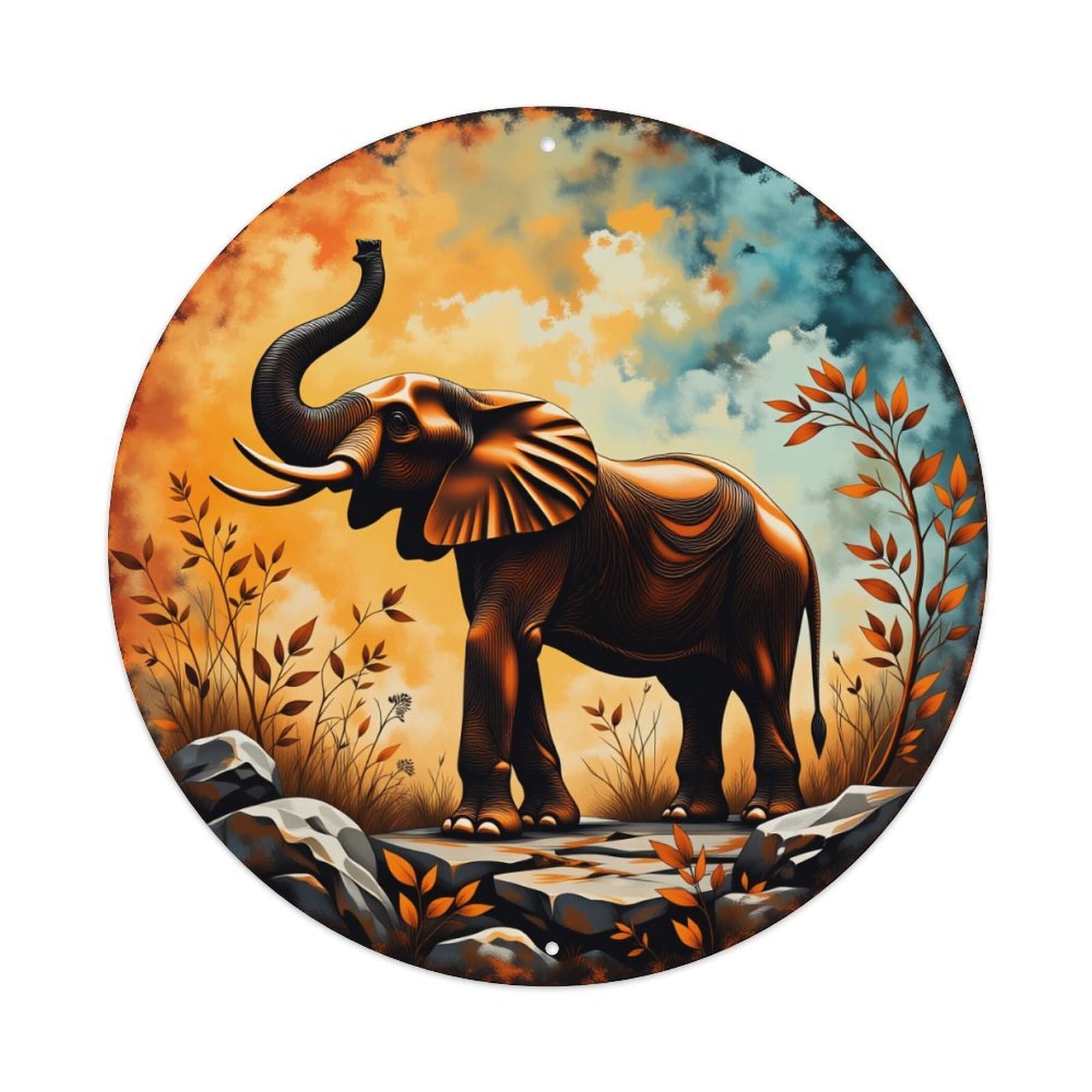 Elephant Landscape Autumn Sky Rocks Vintage Metal Tin Sign Retro Wall Decor for Home Bar Garage Cafe, Indoor & Outdoor Decorative，circle Metal Poster, 8x8 Inch