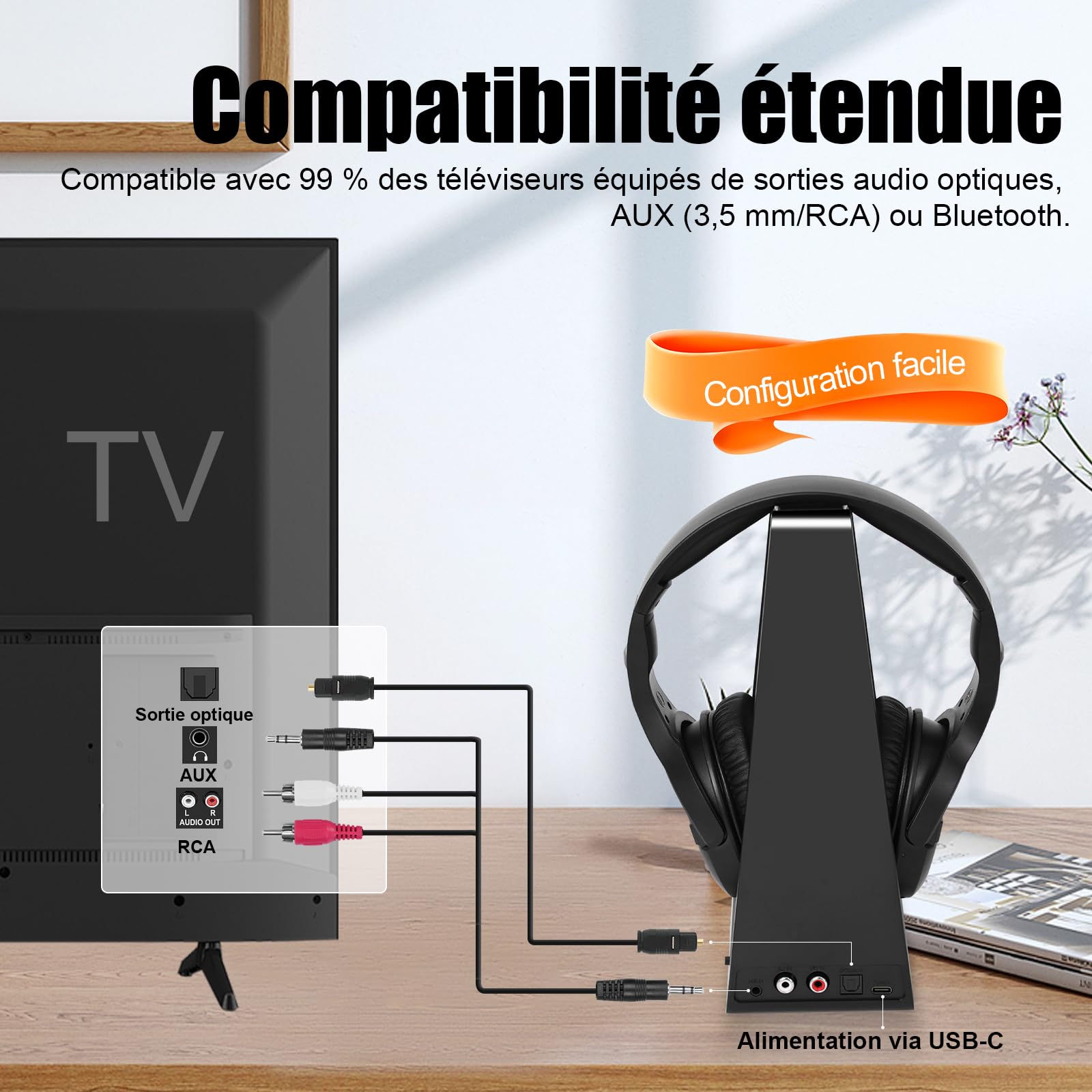 Casque TV sans Fil avec Base de Recharge, Casque sans Fil pour Regarder la Télévision, Gros Boutons de ContrôLe du Volume et Amplification du Son pour Les Personnes âGéEs, Casque LéGer et Confortable