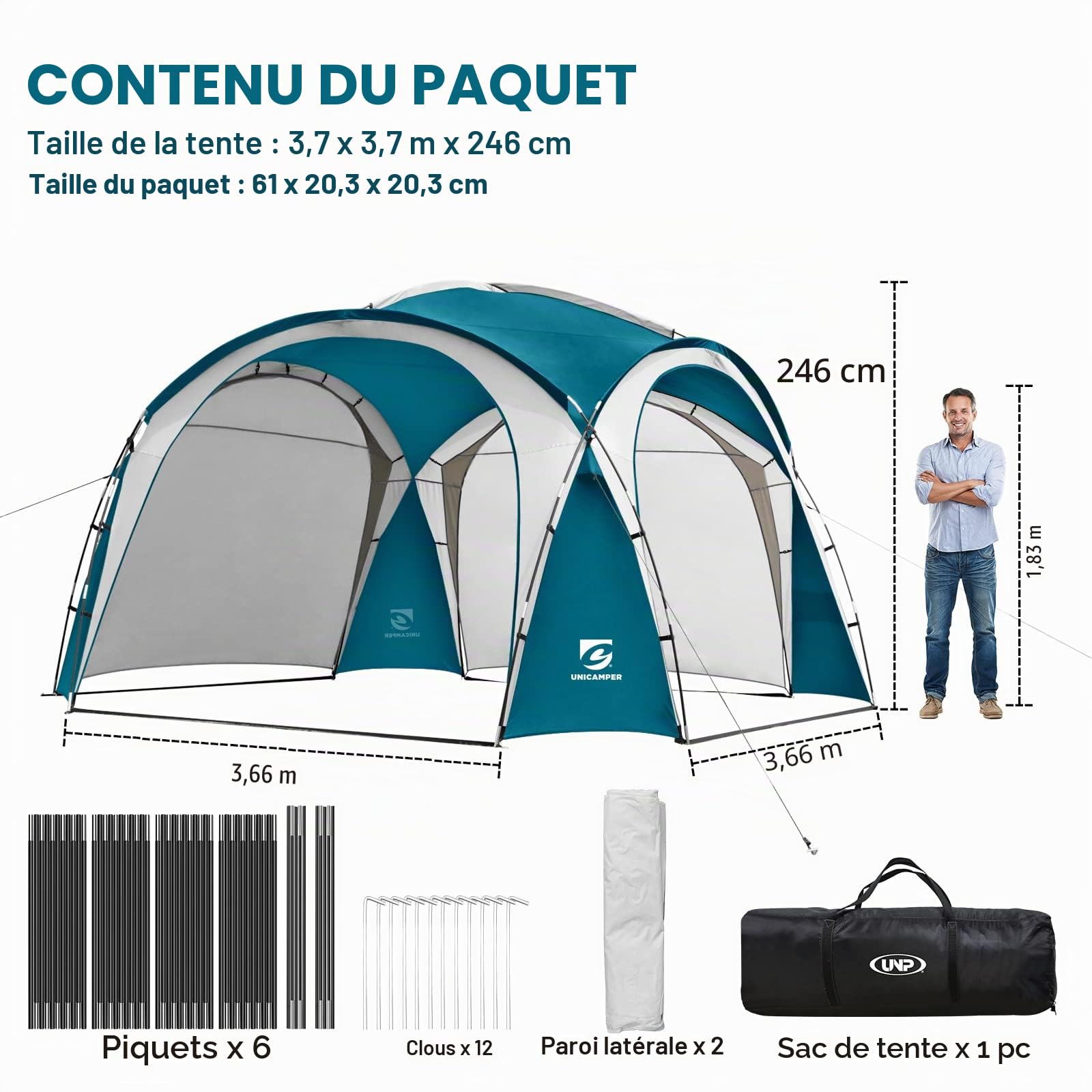 UNICAMPER Grande Tente de Plage UPF 50+ 3,7 x 3,7 m, imperméable et imperméable pour 8 à 10 Personnes avec 2 parois latérales, Parfaite pour Le Camping (Bleu Ciel)