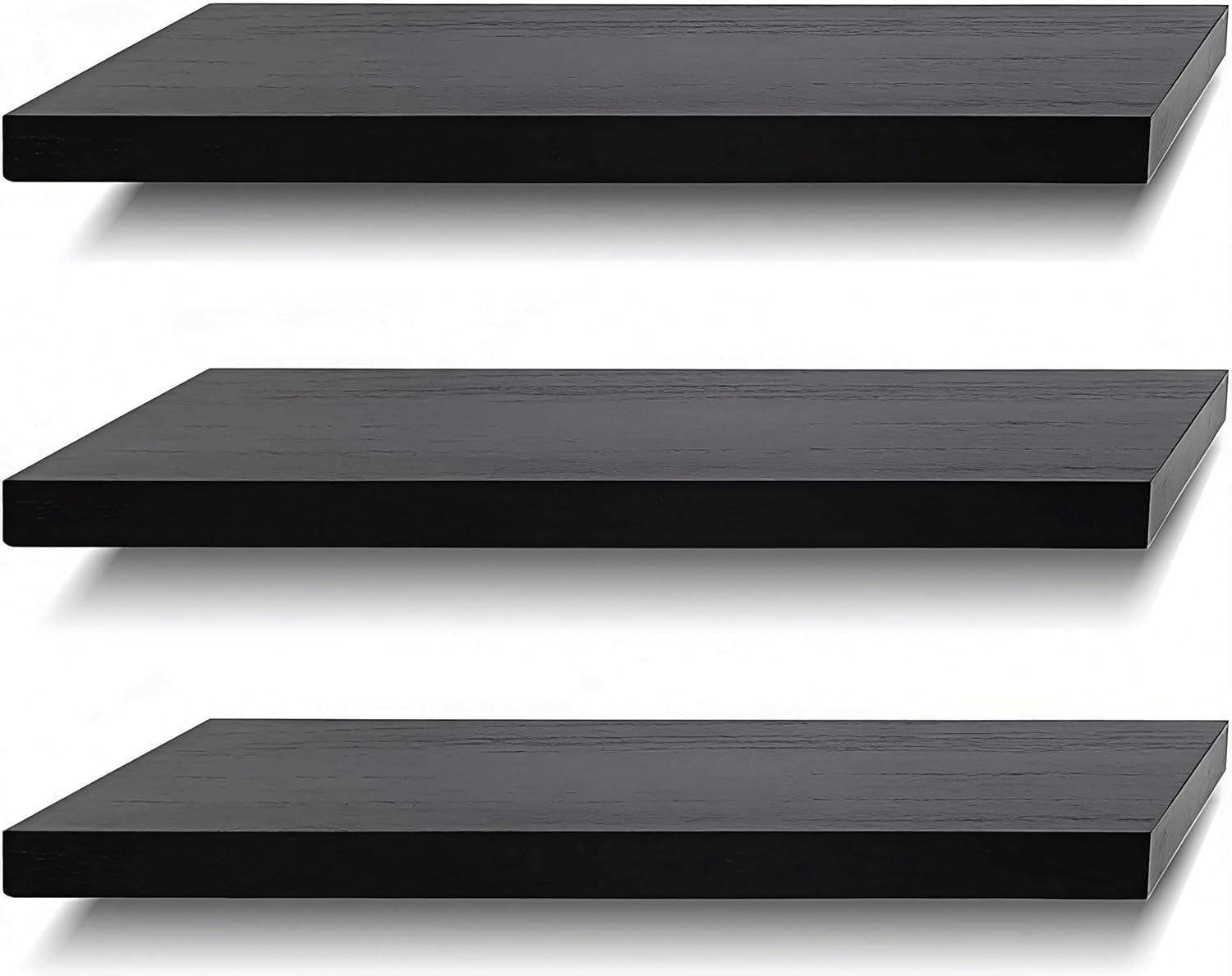SAUMONIERES Floating Shelves Wall Shelf Solid Wood for Bathroom Bedroom Kitchen Set of 3, Black Wall Shelves
