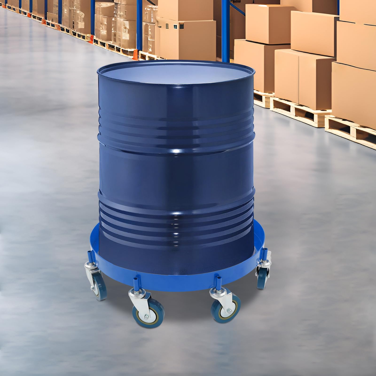 Chariot de transport pour fûts d'huile de 200 l, planche à roulettes à 8 roues avec capacité de charge de 900 kg, en métal, pour atelier, entrepôt et industrie (bleu)