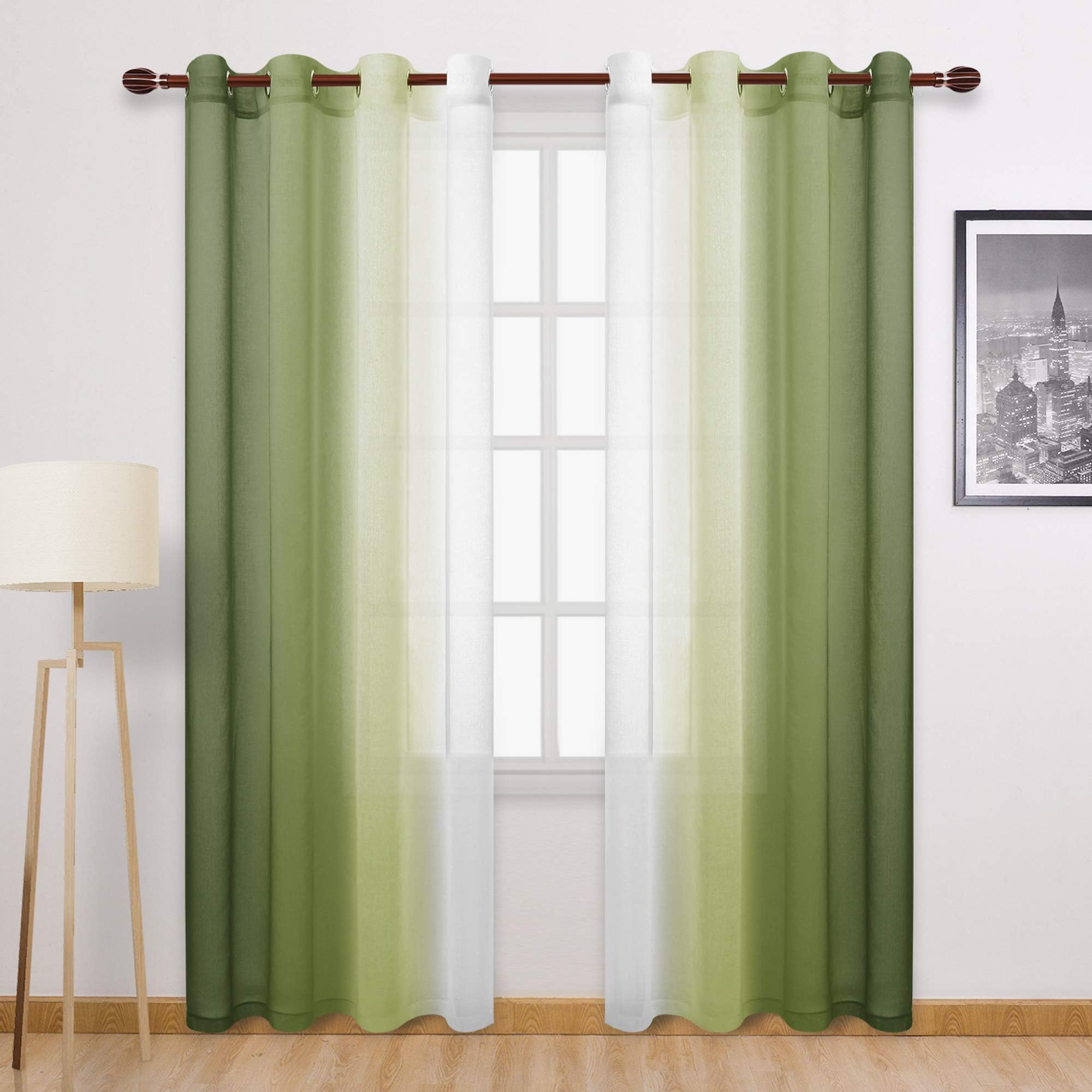 DWCN Faux Linen Ombre Sheer Curtains - Gradient Semi Voile Bedroom and Living Room Curtains, Set of 2 Grommet Top Window Curtain Panels, 52 x 84 Inches Long, Olive GreenRecycled Claim Standard Blended