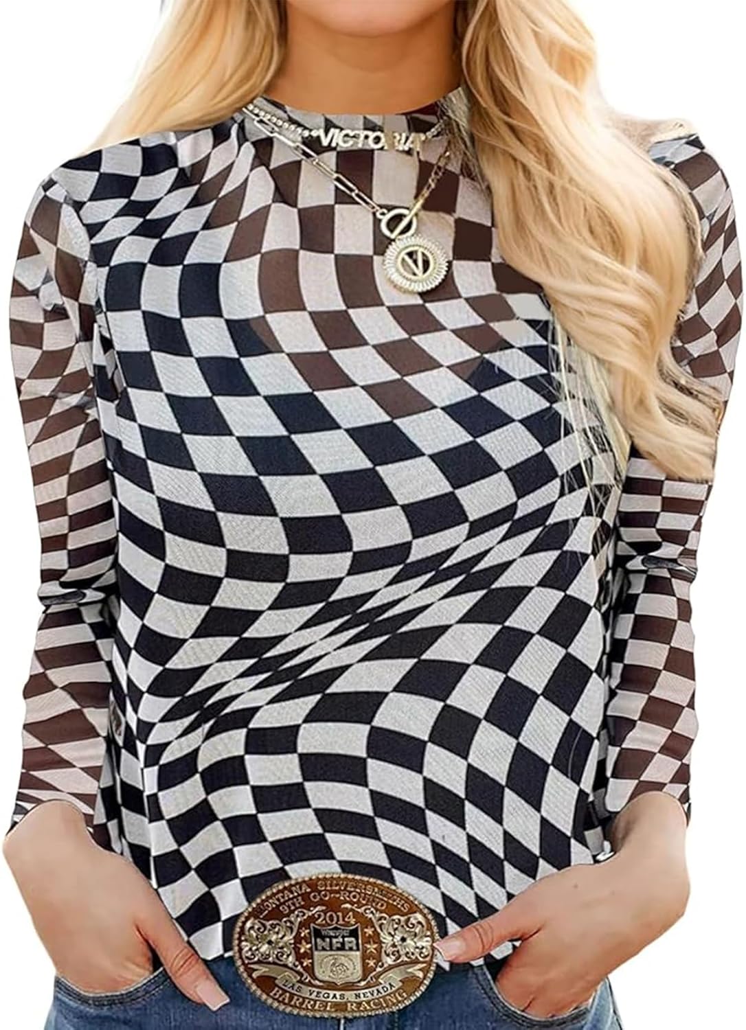 Chvity Women's Long Sleeve Mock Neck Tops Sexy See Through Mesh Going Out Tops Y2k Sheer Letter Printes Western Rodeo Outfit