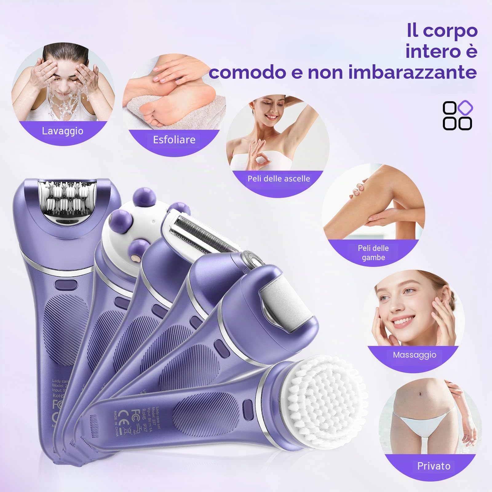 Set di epilatore 7 in 1 per donne, epilatore senza fili a umido e a secco con luce LED, epilatore per viso e corpo, impermeabile IPX7, autonomia 90 min