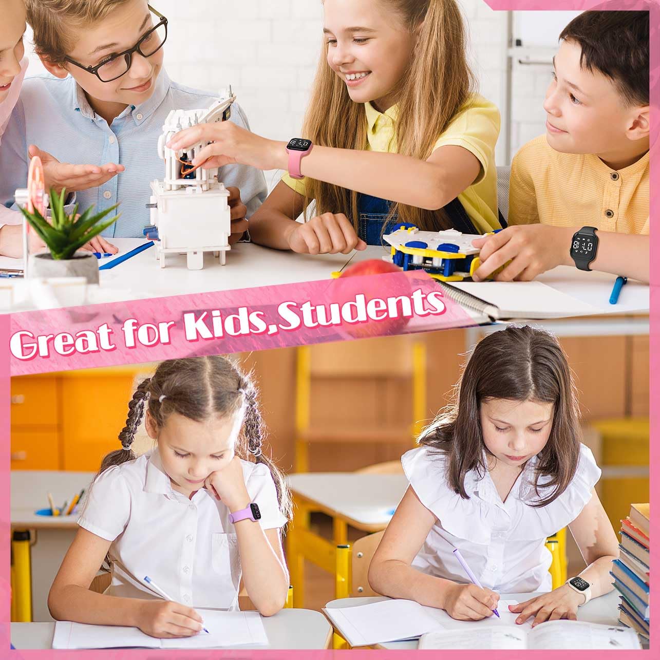 Orologio da polso per bambini, semplice, con contapassi, orologio sportivo, impermeabile, con contapassi, sveglia, calendario, per bambini, ragazzi, ragazze, studenti (rosa)