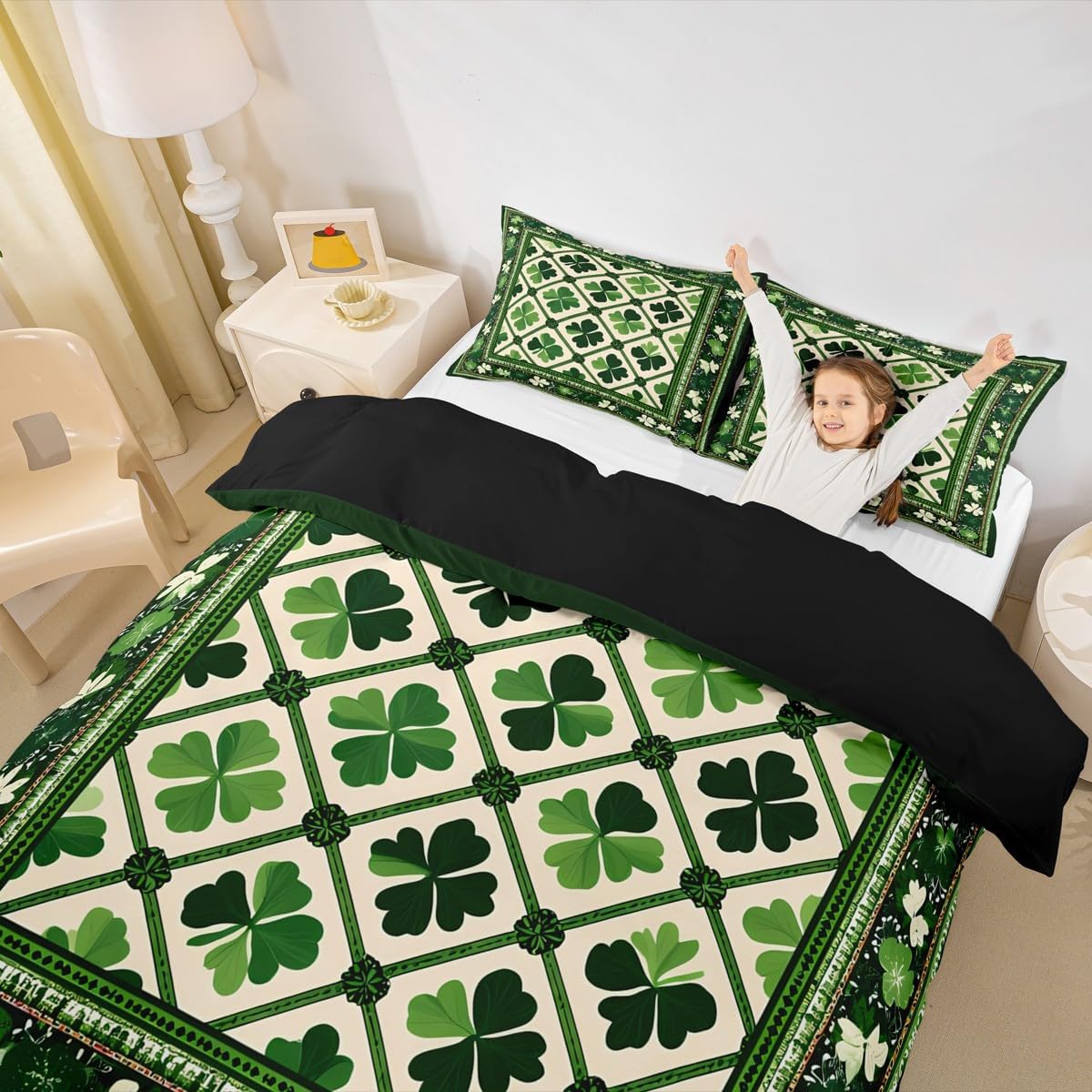 jejeloiu Green Clover Leaves Bedding Duvet Cover Set Queen Size St. Patrick's Day Bedding Set for Kids Boys Girls Geometric Comforter Cover Set Bedspread Cover Bedroom Bedclothes