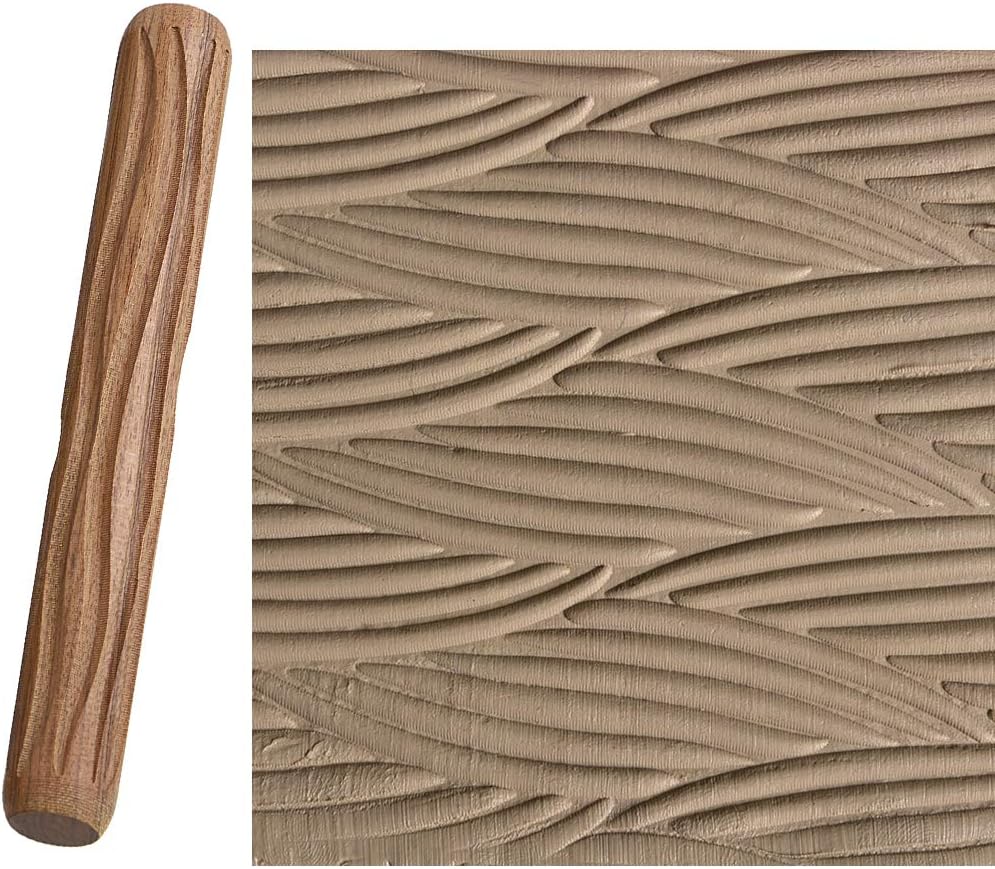 OwnMy Set of 5 Clay Modeling Pattern Rollers Kit, Fish Leaves Cobblestone Ripple Wood Grain Pattern 4.7 IN Clay Rolling Pin Textured Hand Roller Wooden Handle Pottery Tools Set