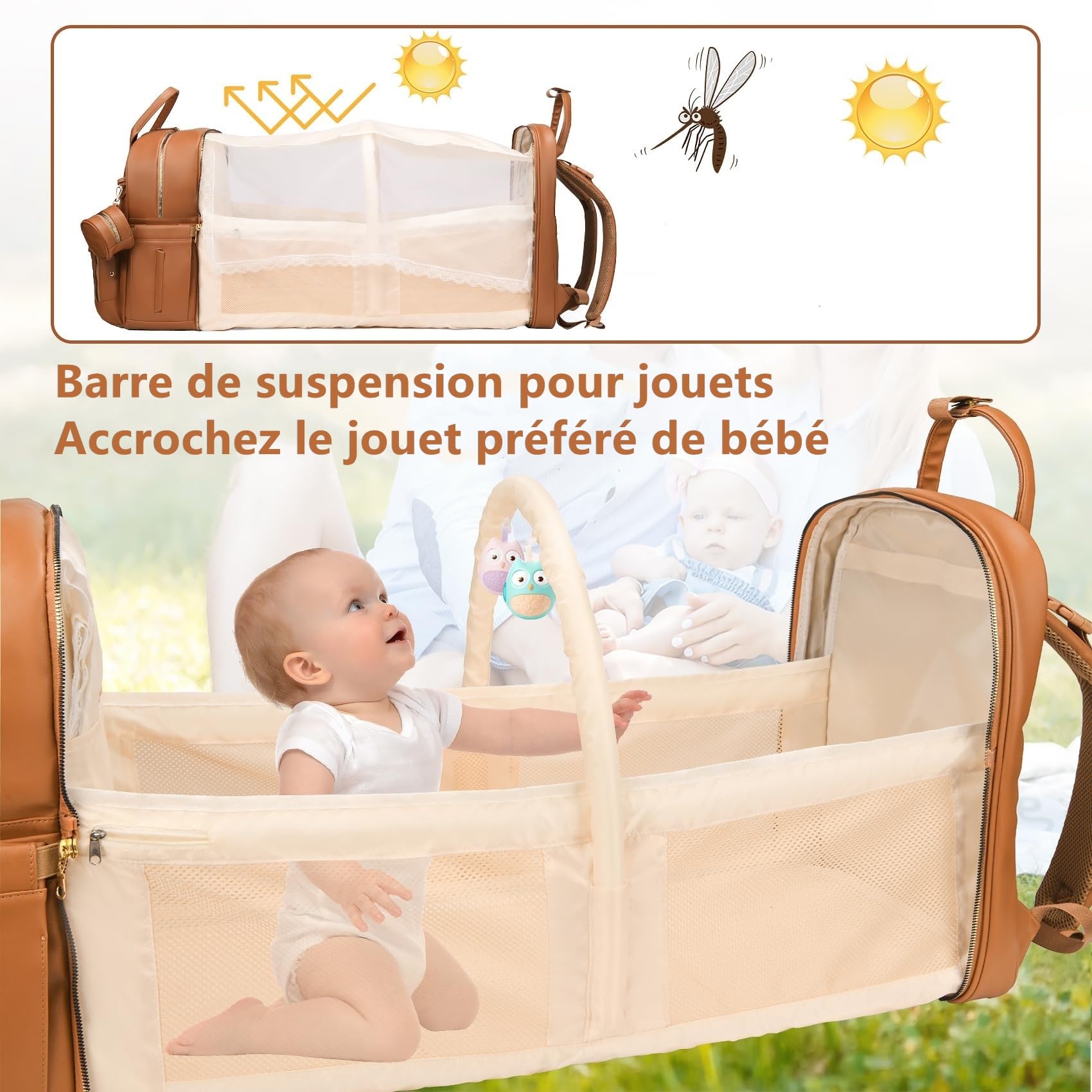 Sac à langer bébé, Sac à langer à dos portable, grande capacité, cuir déperlant, tapis à langer inclus, pare-soleil, porte tétine, sangles intégrées poussette