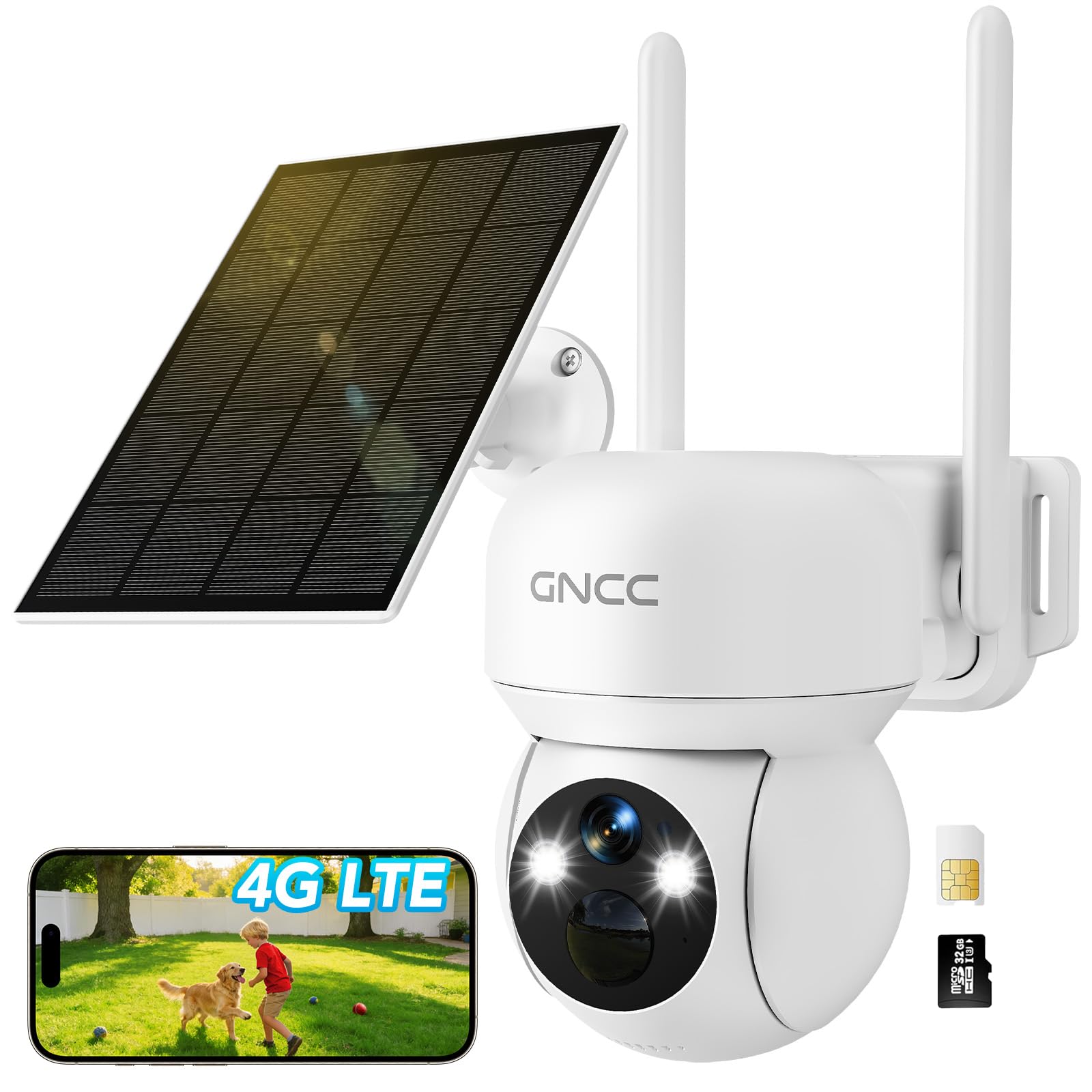 GNCC 4G LTE Outdoor Surveillance Camera with Sim, 2K 3MP Outdoor Solar Camera without WiFi, 7800mAh, Color Night Vision, PTZ 355°/90°, Two-Way Audio, PIR, Motion Detection, Alarm, IP65