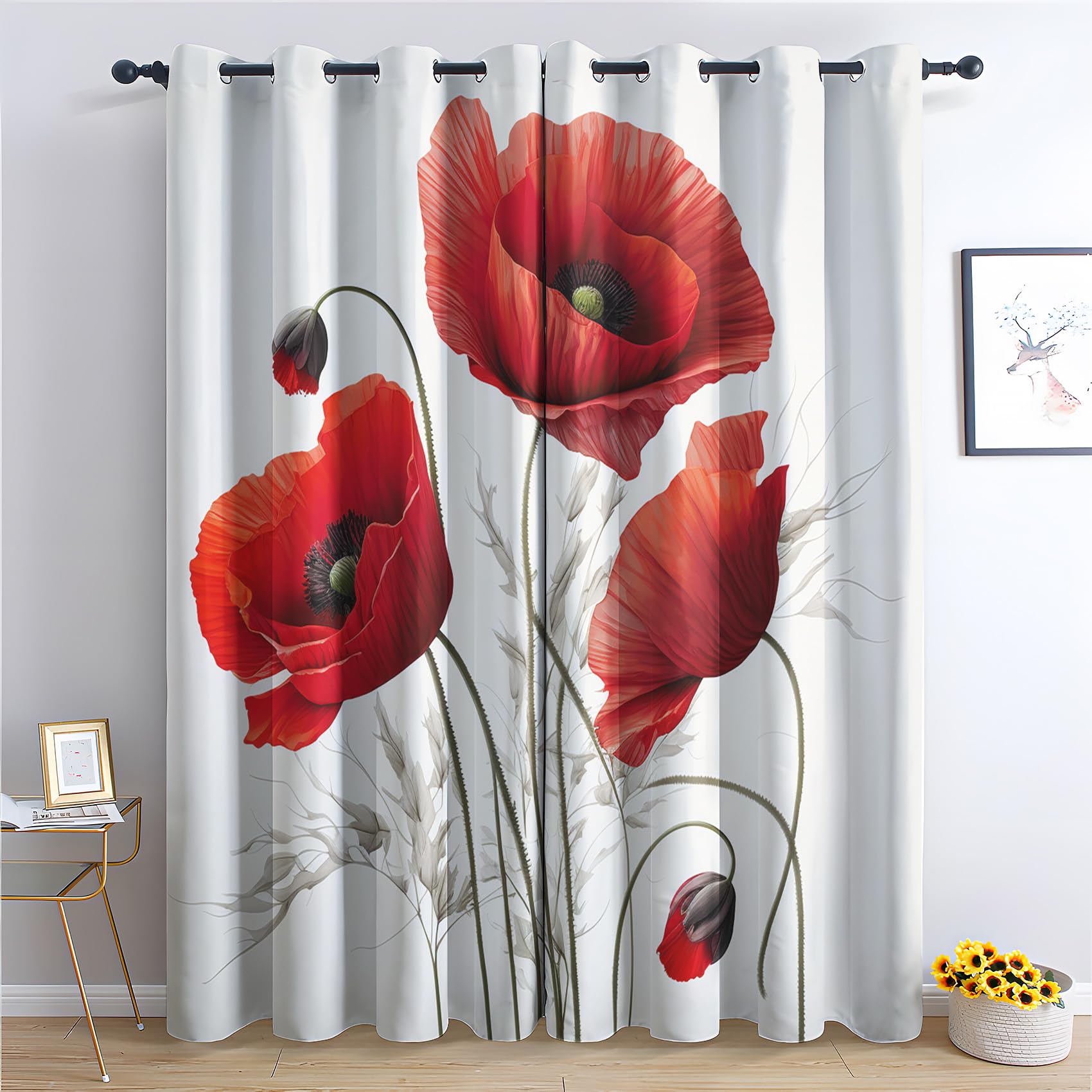 QEODAH Poppy Blackout Curtains for Bedroom - Red Poppy Floral Poppies Botanical Living Room Curtains 66x72 Eyelet - Soft Thermal Insulated Patterned Drapes for Windows - 2 Panels
