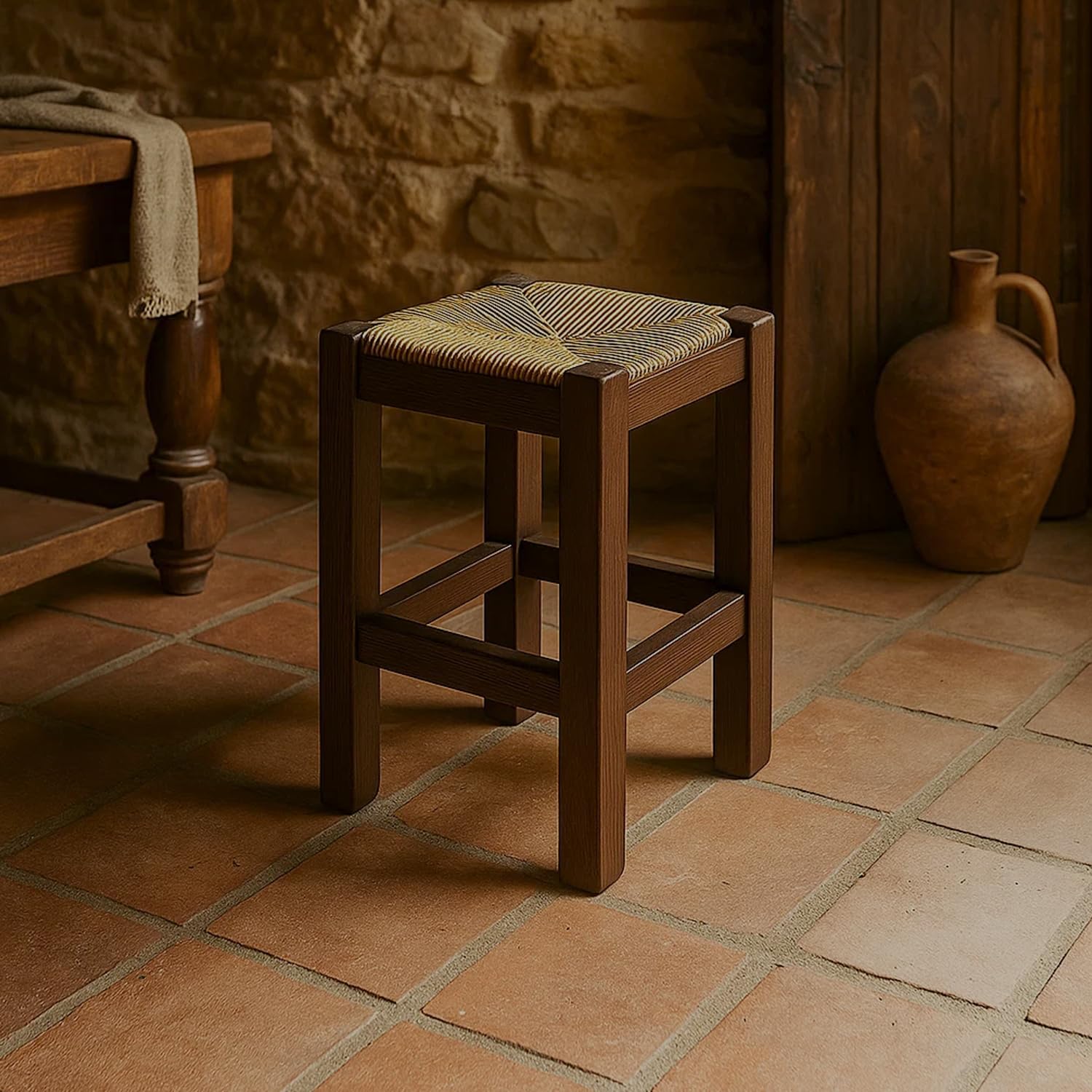Spacio Taburete Rústico de Madera y Paja Növik – Estilo Nórdico Escandinavo – Banqueta Alta 70 cm y Baja 48,5 cm – Ideal para Cocina, Barra o Comedor | Fabricado en España (Nogal, BAJO)