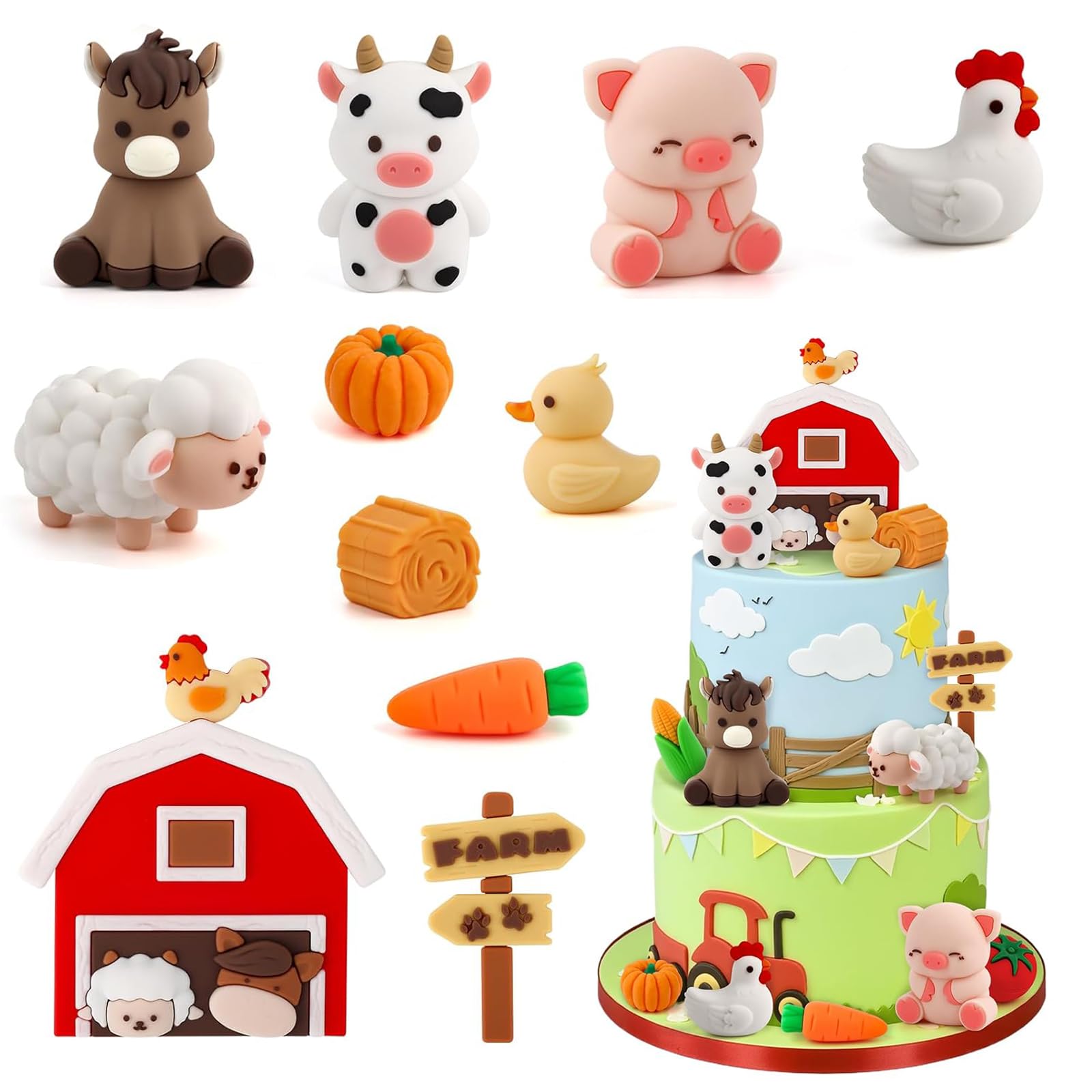 Jungle Ocean Animal/Car/Highland Cows/Mushrooms Cake Toppers Set, Safari Wild Cake Decorations, 3D Lifelike Figurines Grass Tropical Leaves For Kids Birthday Baby Shower Party (Animals)