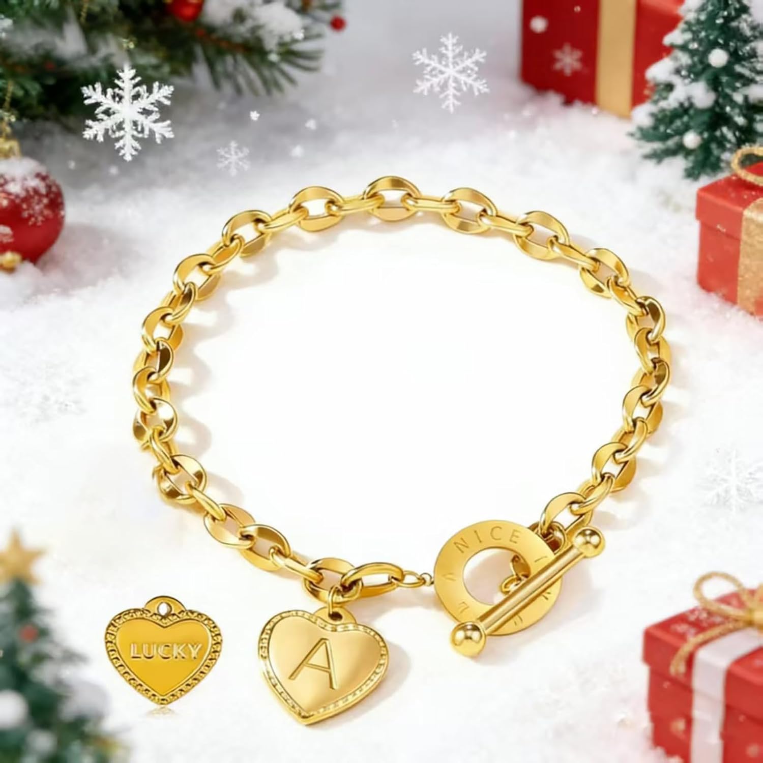 Women's Initial Heart Charm Bracelet 18k Gold Plated Letter Love Heart Pendant with Elegant OT Clasp Stainless Steel Jewelry Christmas Birthday Gift for Her Girlfriend Wife Valentines Day Present - Image 4