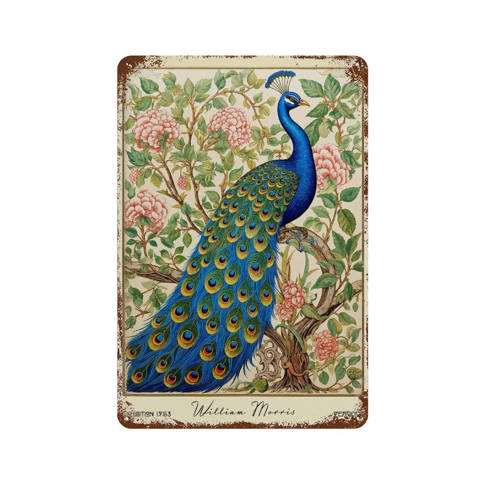 Rust Effect William Morris Peacock Floral Vintage Rust Metal Sign 11.8"x7.9", Farmhouse Wall Decor for Basement, Hobby Room And Garage Decor