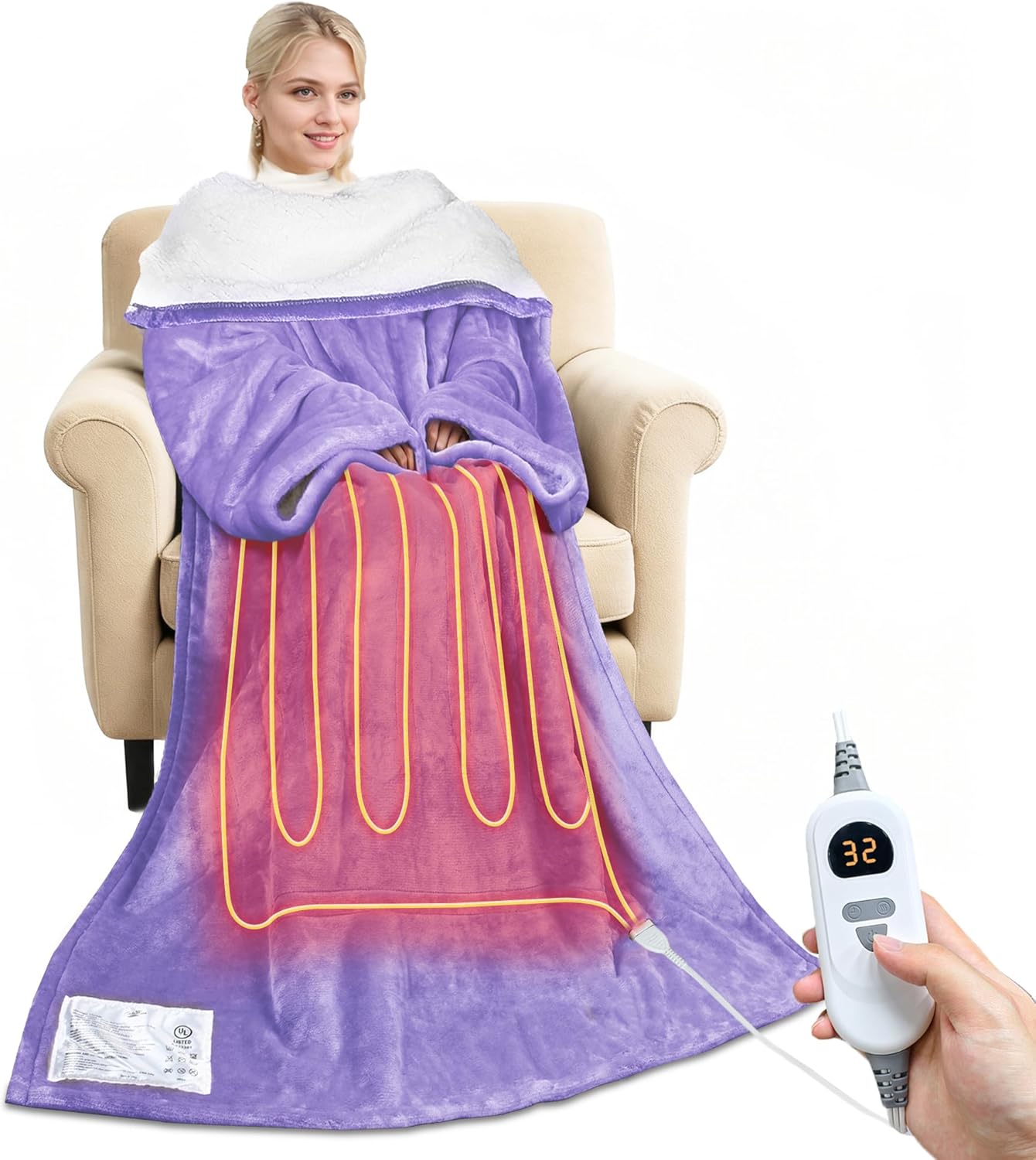 Tirrinia Wearable Heated Blanket with Sleeves, Cozy Sherpa & Fleece Electric Throw with 5 Heat Levels & Timer, Warm Snuggle Blanket for Sofa, Bed, Office, Winter Gift, Purple