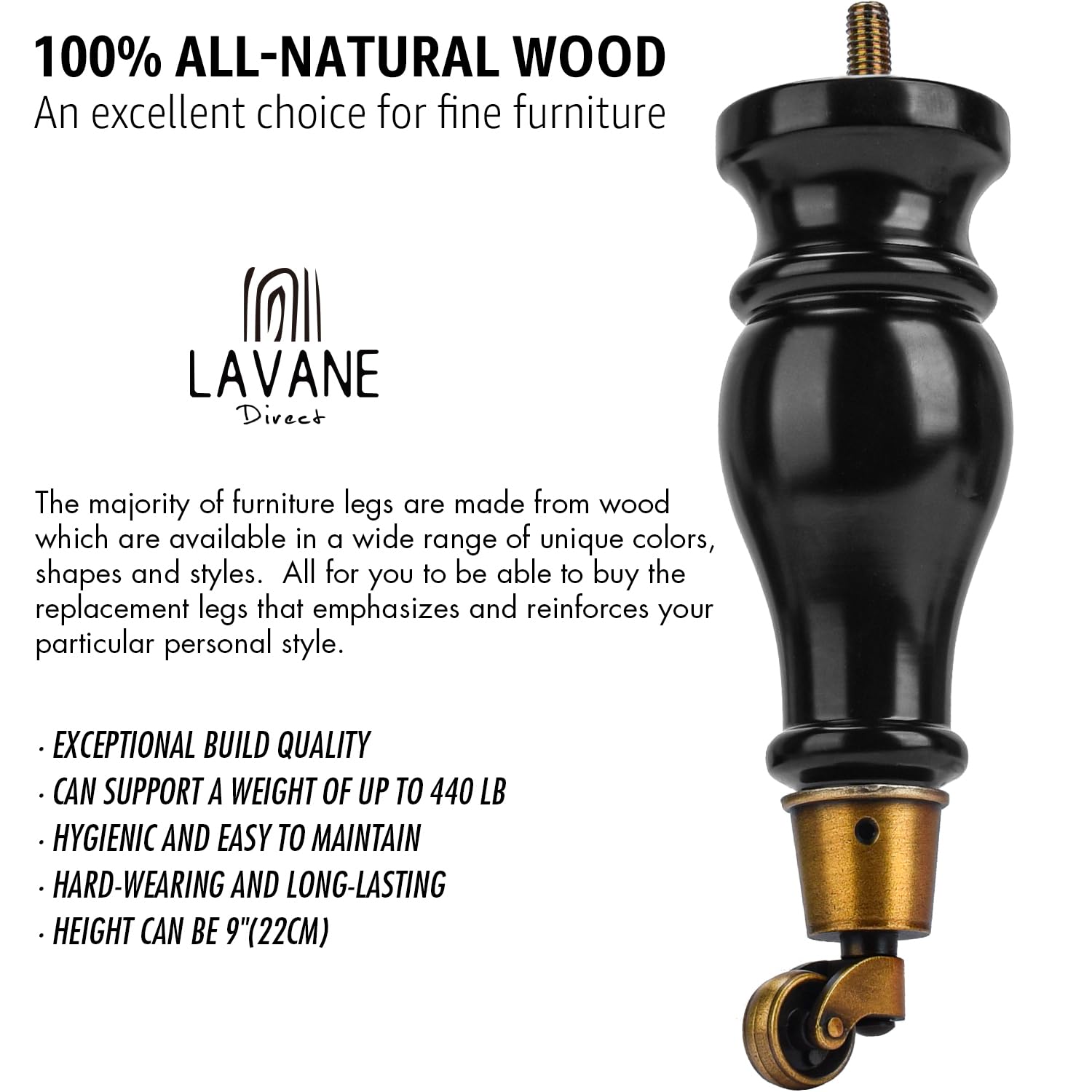 La Vane 9 inch Wooden Furniture Legs with Castor - Image 3