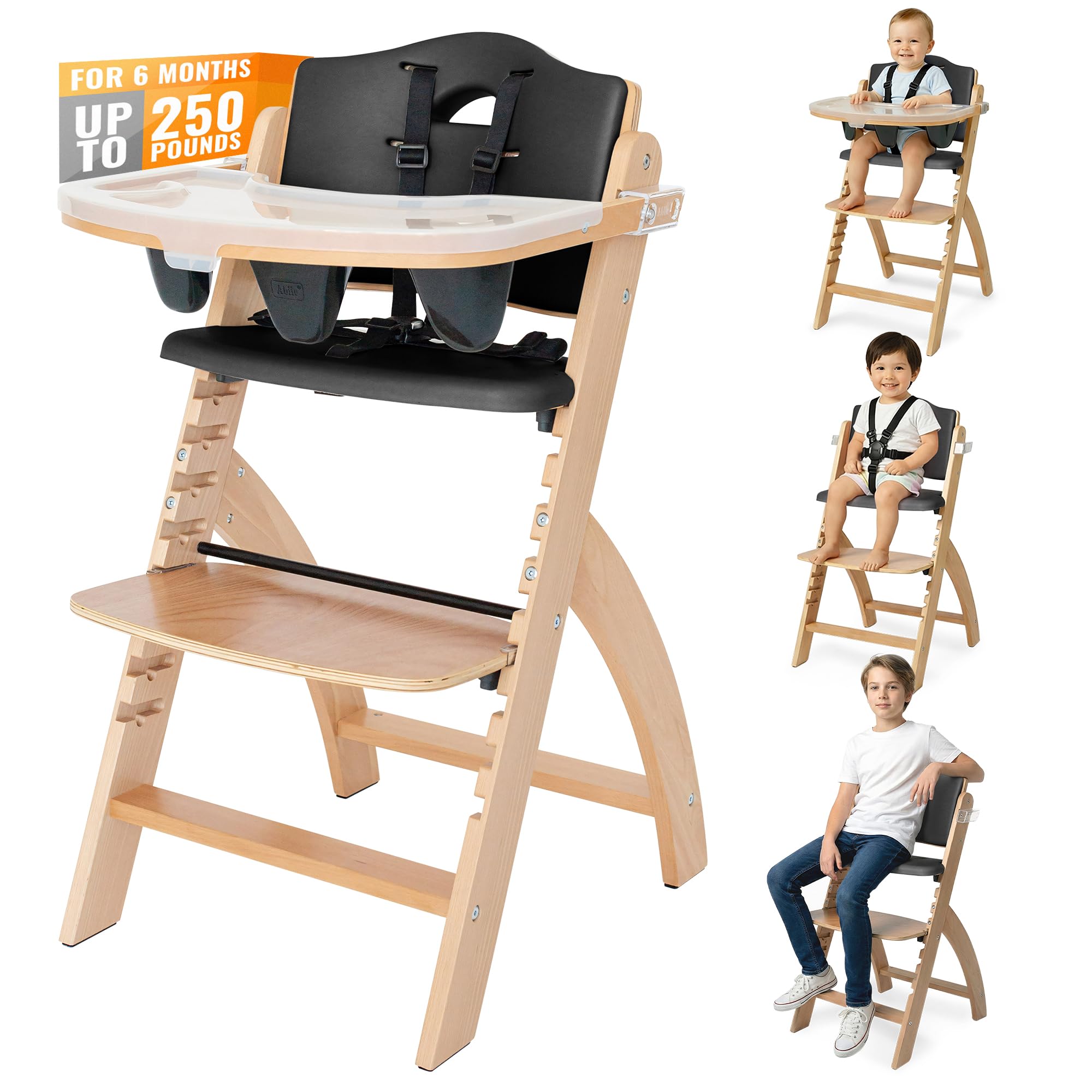 Beyond Junior Wooden High Chair with Tray - Adjustable and Convertible High Chair for Babies and Toddlers - 6 Months to 250 Lb - Water Resistant - Natural Wood/Black Pearl Cushion