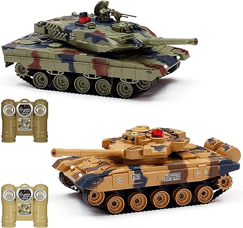 Fistone Juego de tanques de batalla RC a escala 1/24, control remoto T90 y tanques de leopardo con sonidos realistas, luces, indicadores de vida y