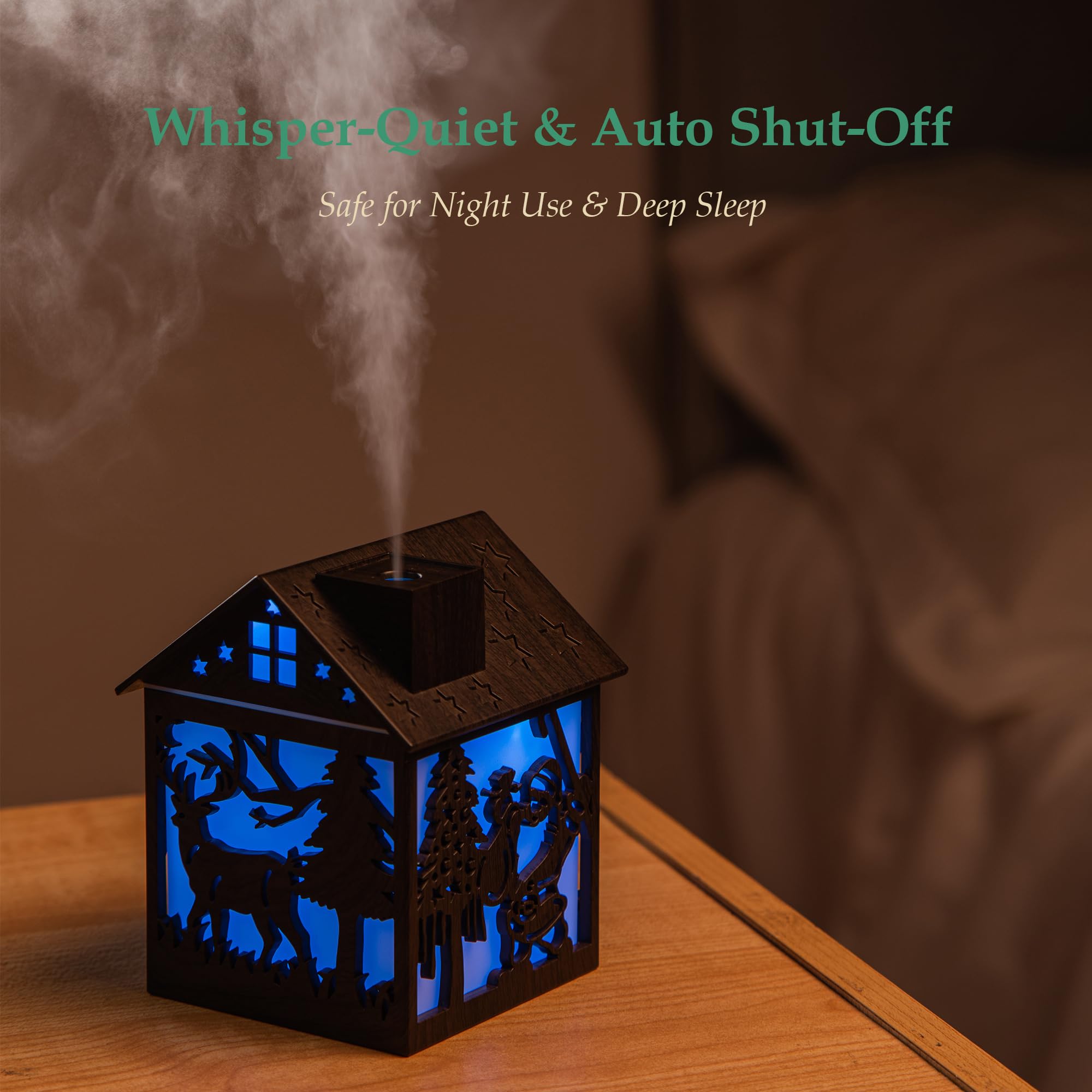 Humidificateur de maison en bois de Noël – Mini humidificateur à brume froide de 240 ml avec design Père Noël LED, lumières 7 couleurs, alimenté par USB, arrêt automatique, cadeau de décoration de