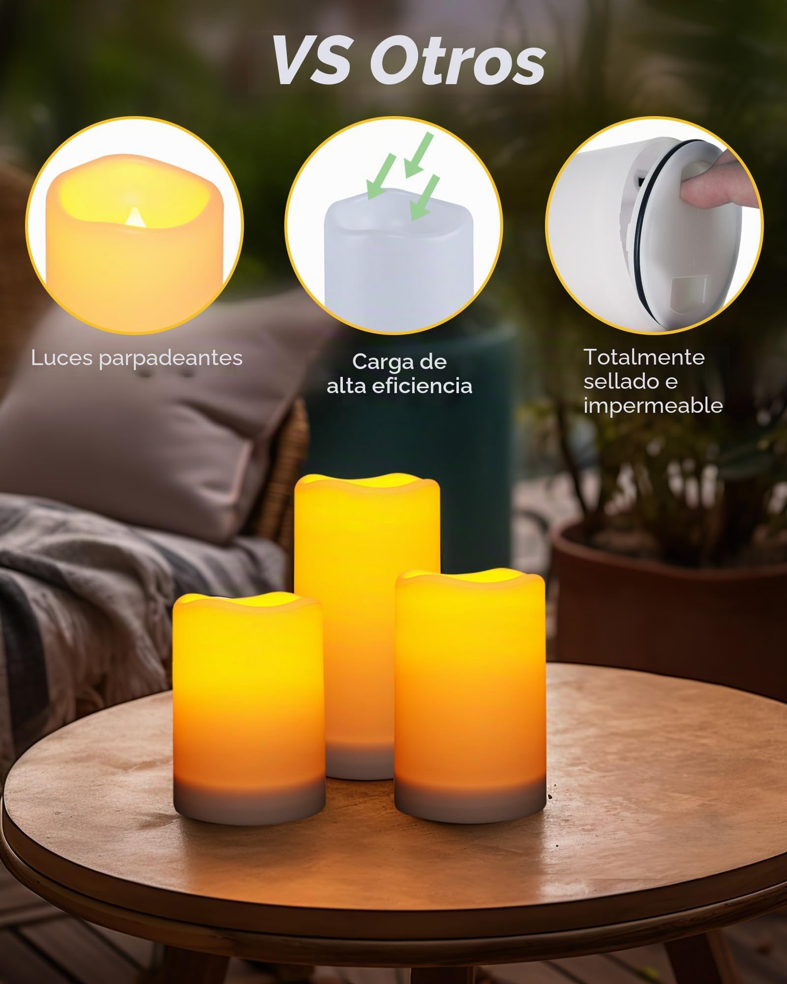 Homemory Velas solares para exteriores, impermeables, del atardecer al amanecer, velas recargables, velas solares para exteriores, linternas, solo sensor, juego de 3