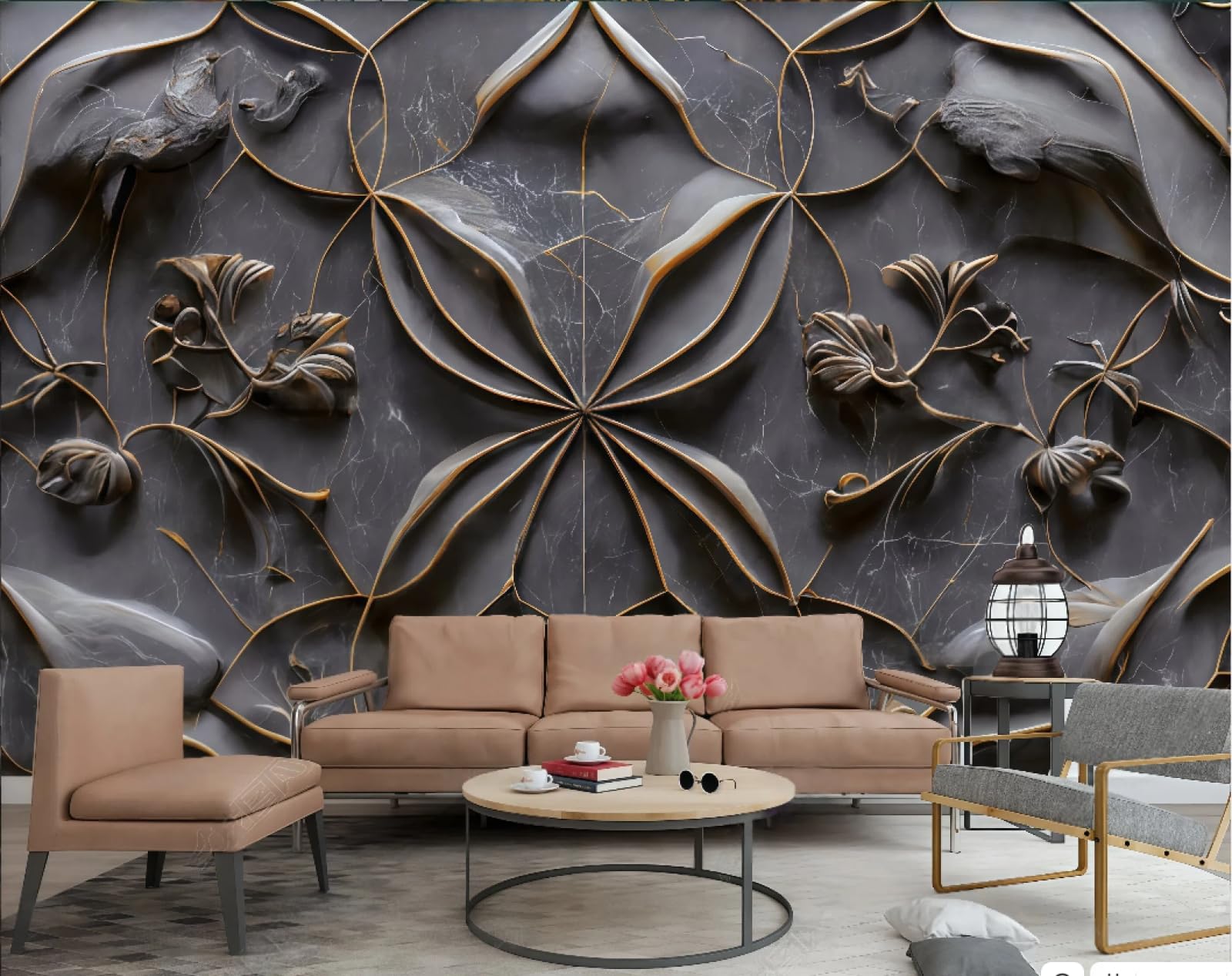 Tapeta Nowoczesna Abstrakcyjna Miedź Rzeźbione Tłoczone Szary Marmur Wzór TV Sofa Tło Ściana Tapeta Salon Restauracja Kawiarnia Mural, 3D, 150 x 105 cm