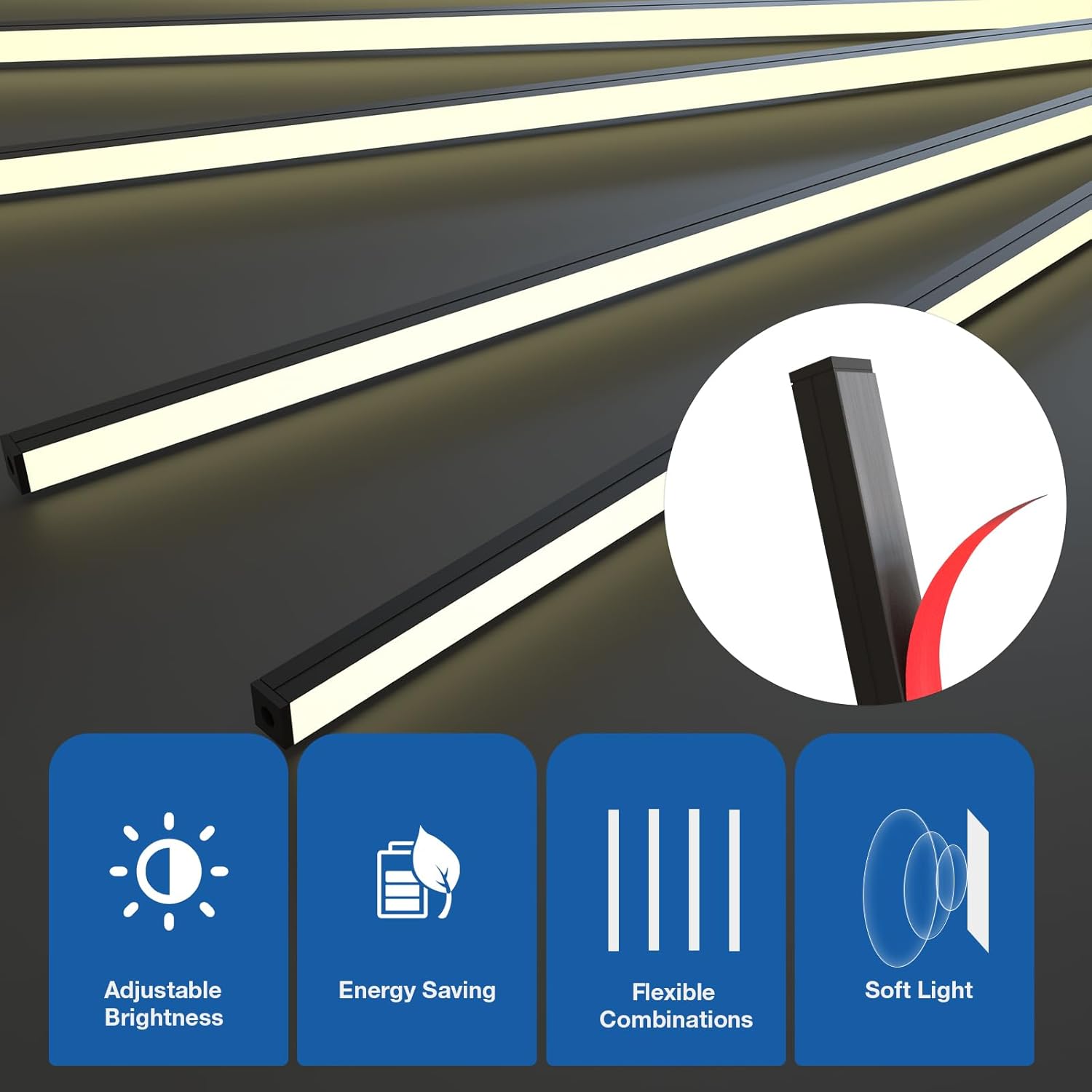NeatiEase LED Recessed Lighting Kit for Wood Slat Wall Panel, 6 Pcs Self-Adhesive 3000K Warm LED Light with Smart Switch and Adjustable Brightness for Cabinet, Kitchen (2 * 36"+2 * 24"+2 * 16")