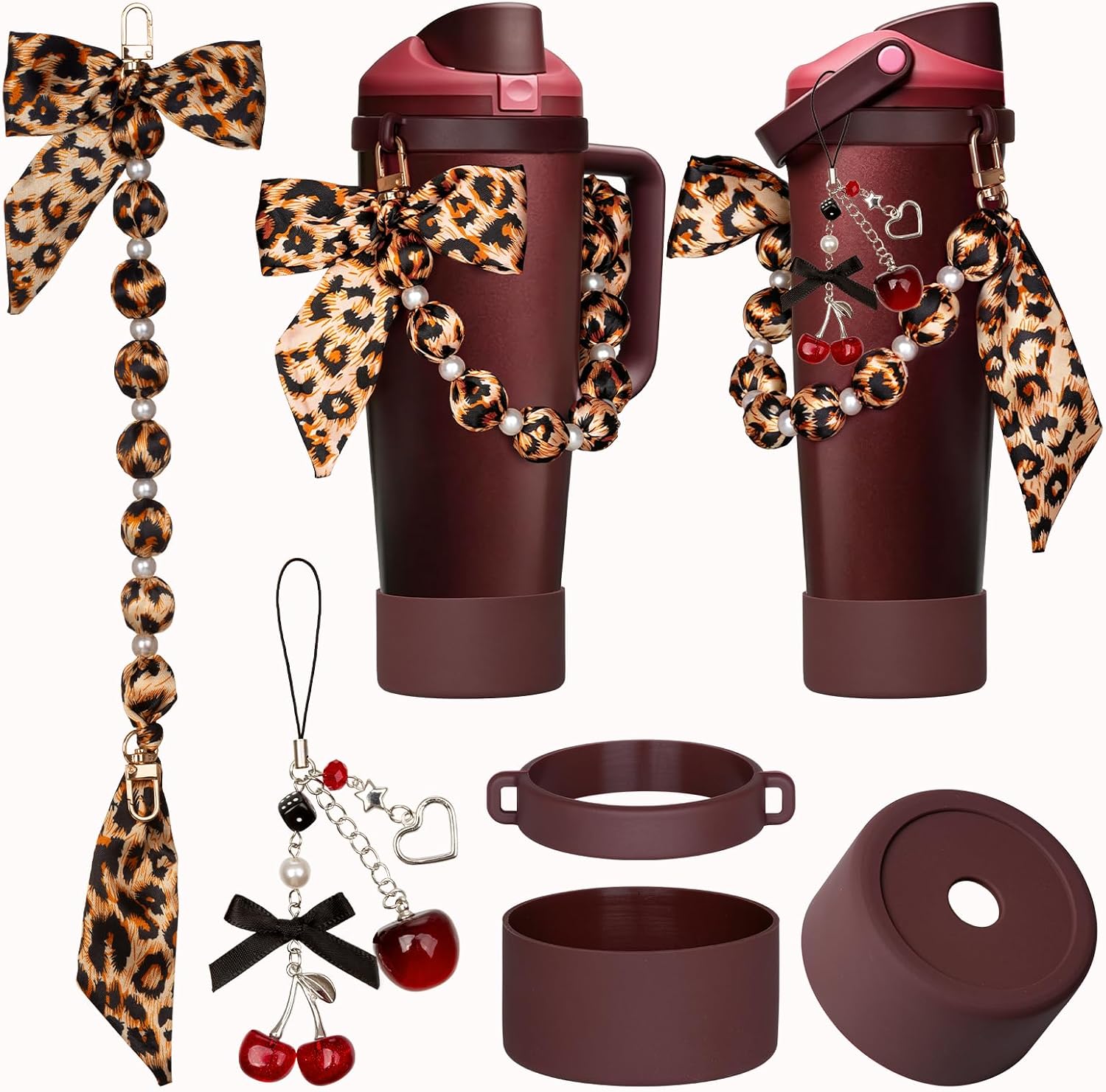 5Pcs Black Cherry Accessories for Owala with Boots, Charm, Handle Strap