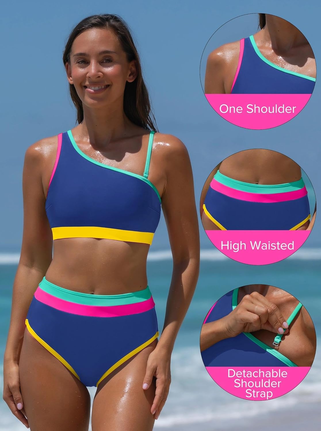 popvil Women's One Shoulder Swimsuit : Neon 2 Piece High Waisted Bikini Sets Cute 2026 Color Block Bathing Suit - Image 5
