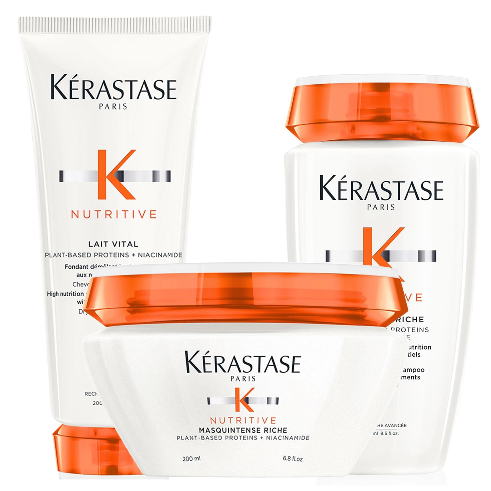 New Kerastase PACK Nutritive Bain Satin Riche High Nutrition Rich Shampoo 250ml, Lait Vital 200ml and Masquintense 200ml