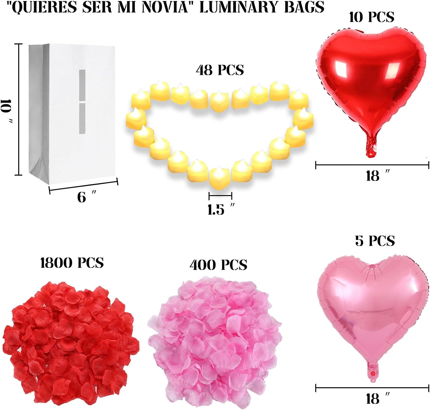 Quieres Ser Mi Novia Lighted Letters Sign 17pcs Luminary Paper Bags 2200pcs Red Pink Artificial Rose Petals 48pcs Flameless LED Candle Tealight 15pcs Heart Balloons Romantic Night Valentine's Day
