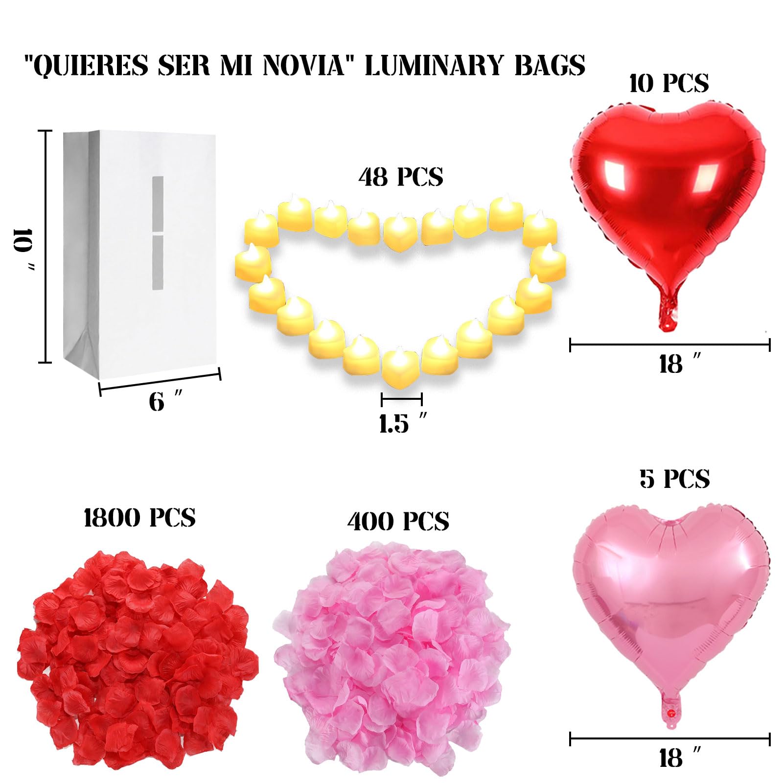 Quieres Ser Mi Novia Lot de 17 sacs lumineux en papier 2200 pétales de rose artificiels rouges et roses, 48 bougies LED sans flamme, 15 ballons en forme de cœur, nuit romantique, Saint-Valentin