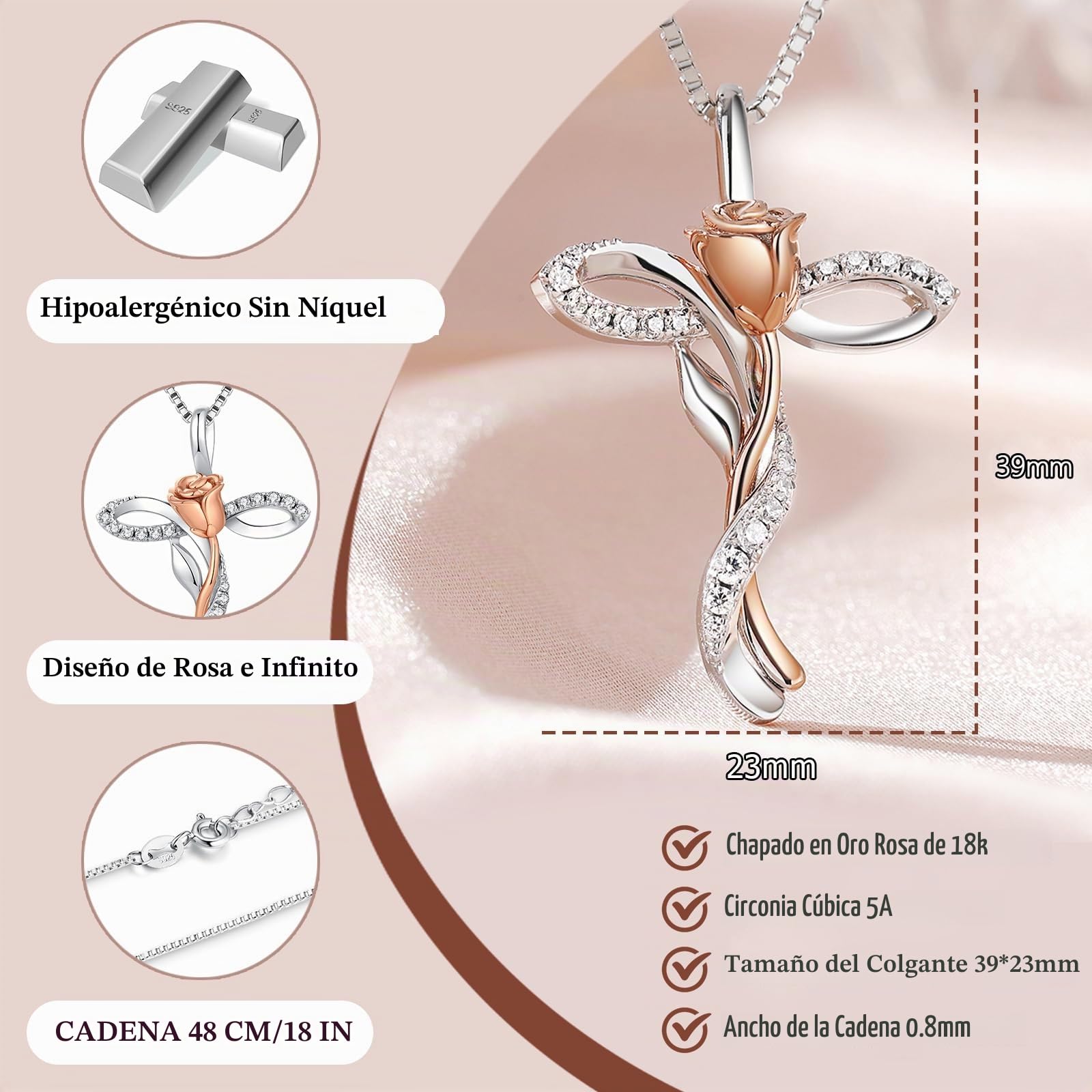 jiamiaoi Collar Cruz Mujer, Collar De Cruz Plata De Ley 925 Para Mujer Niña, Colgante Infinity Rose Collares Regalos Religiosos Joyería Religiosa Para Mujeres