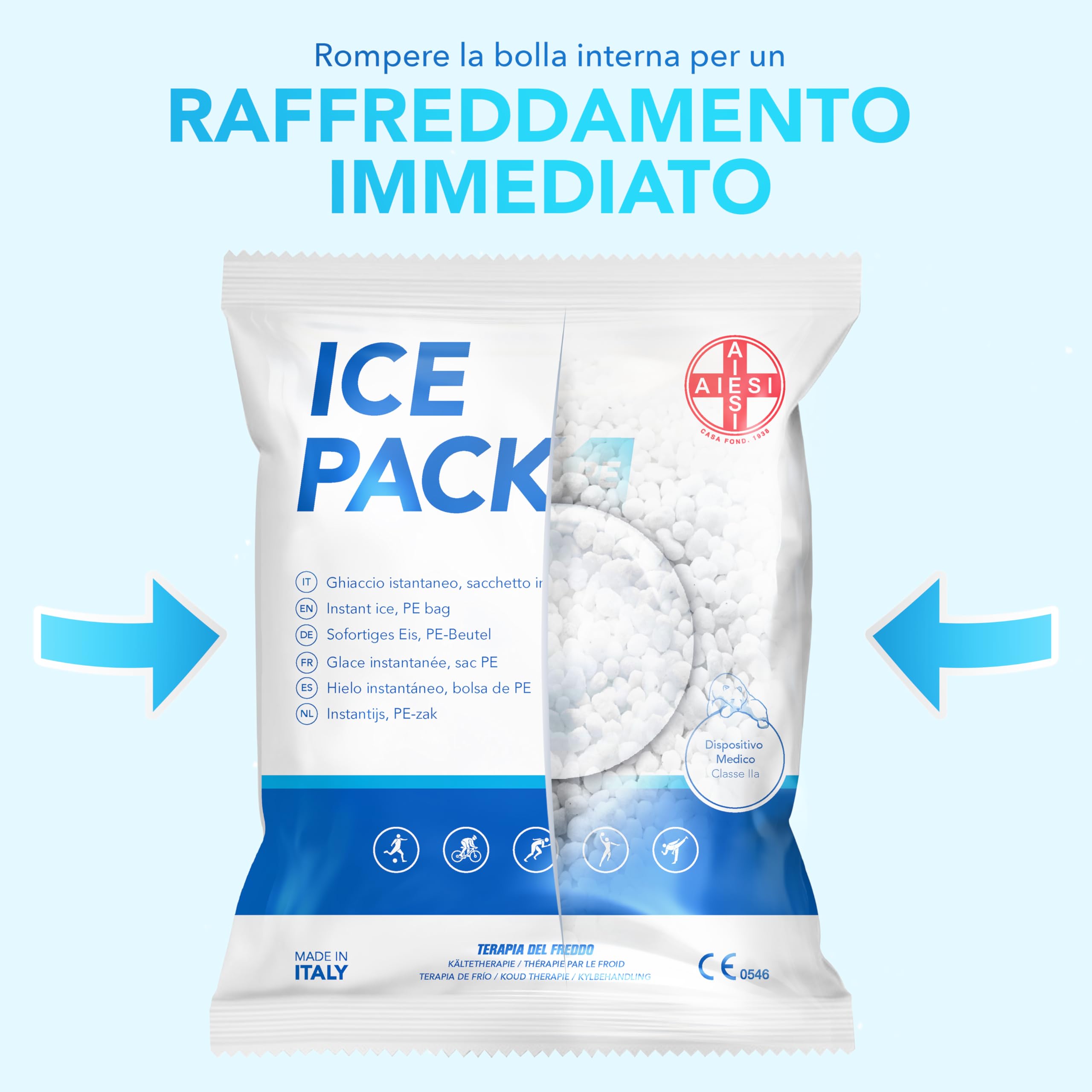 AIESI® Froid instantané jetable sachet en POLYÉTHYLÈNE 14x18 cm ICE PACK PE (25 pièces), Made in Italy