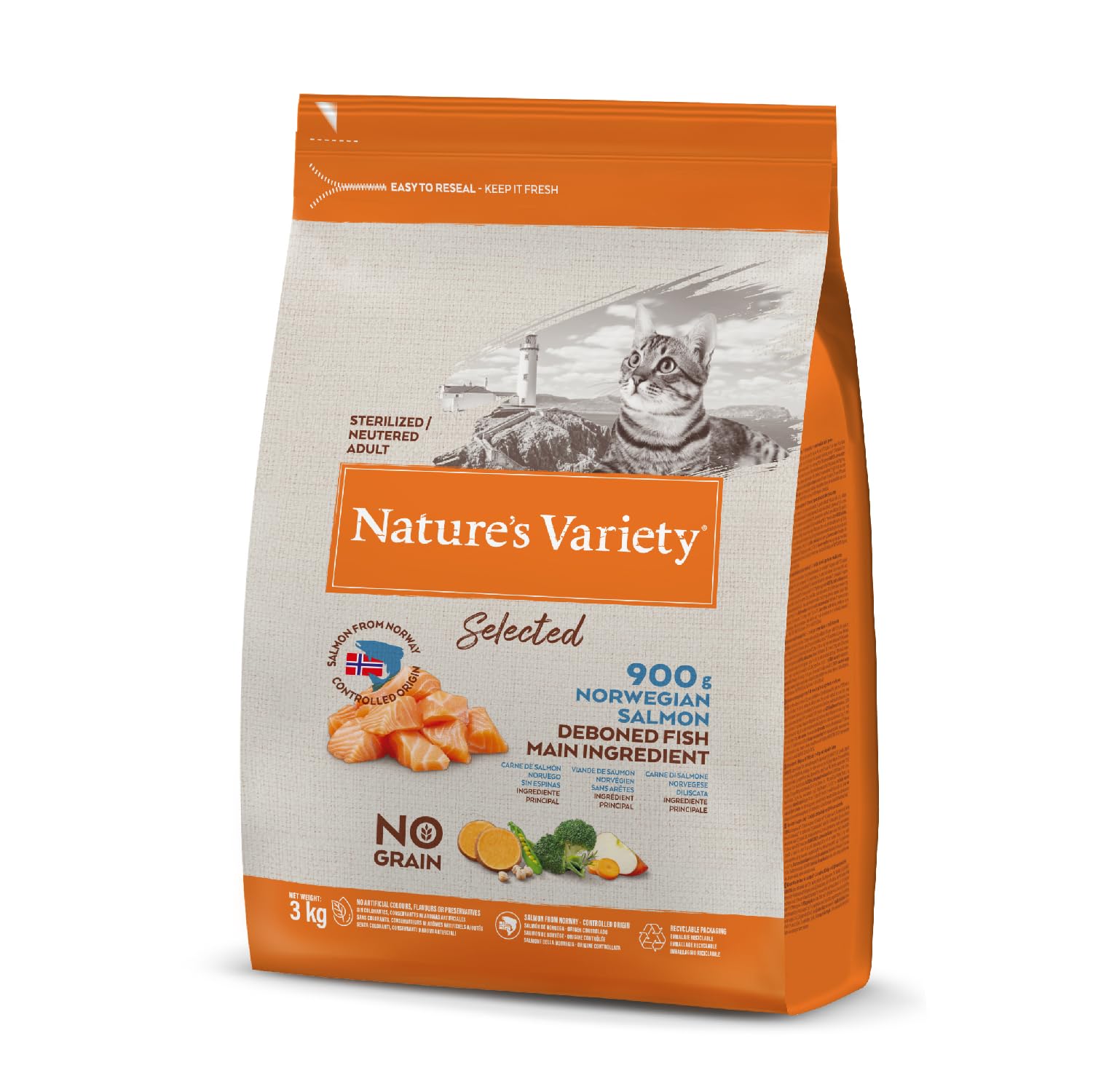 Nature's Variety Selected, Pienso para Gatos Adultos Esterilizados, Sin cereales, con Salmón noruego sin espinas, 3kg