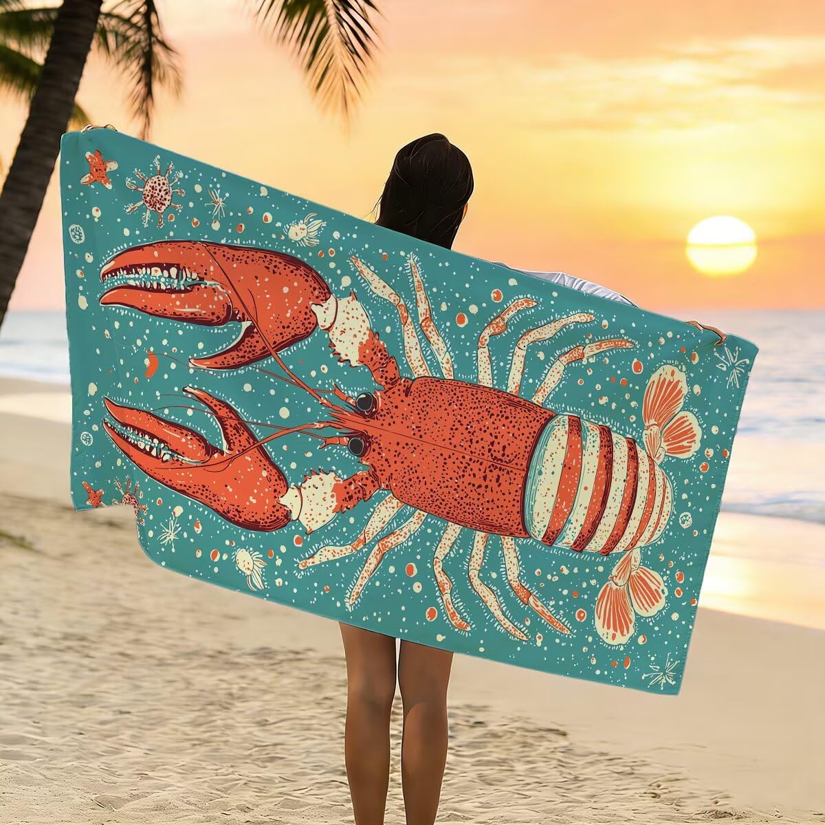 Telo Mare Microfibra, Telo Mare Grande 100x220cm 2 Pezzi, Asciugamano Palestra Donna Asciugatura Rapida, Antisabbia Asciugamano Microfibra, Leggero Asciugamani Palestra per Regalo (Aragosta) -4230