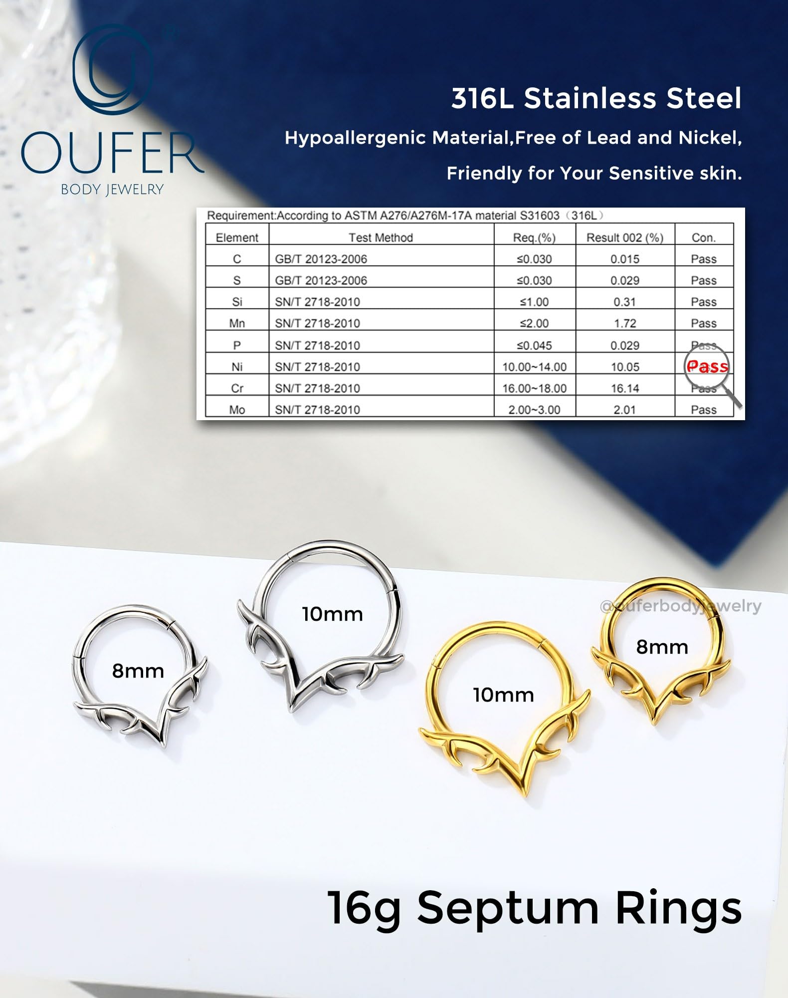 OUFER 16g Septum Rings, Blade Wings Septum Jewelry, V Shape Hinged Segment Clicker, Hypoallergenic Surgical Steel Nose Rings Hoops, Helix Daith Tragus Conch Piercing Jewelry for Women Men Silver/Gold: Silver 16G 10MM