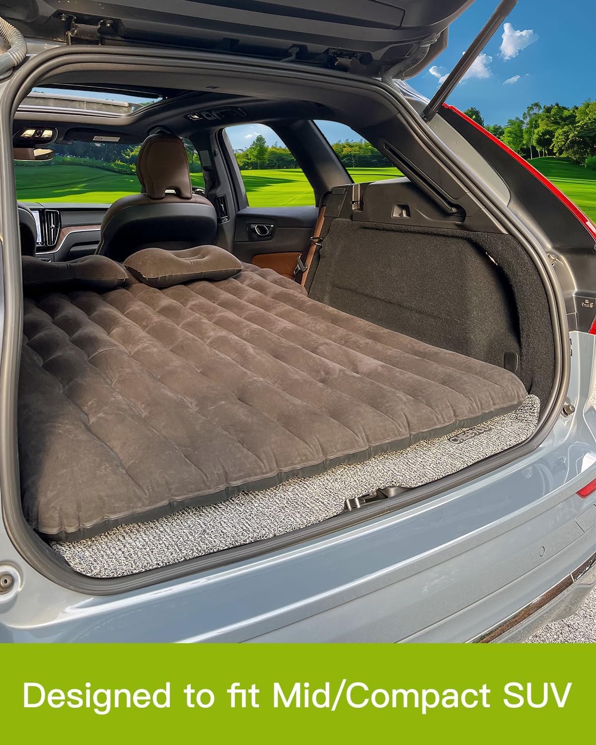 SUV Air Mattress with Cup & Phone Holder, Flocked-Top Inflatable Car Mattress with Two Air Pillows & Electric Air Pump, Ideal SUV Mattress for Camping, Travel, and Road Trips (Grey)