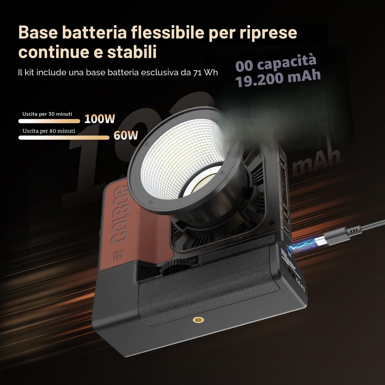 Lampada video, COLBOR W100, 2700-6500K, CRI 97+ 100W, piccola luce a intensità variabile, controllo per applicazione, luce fotografica compatta per Vlog Youtube con batteria carica