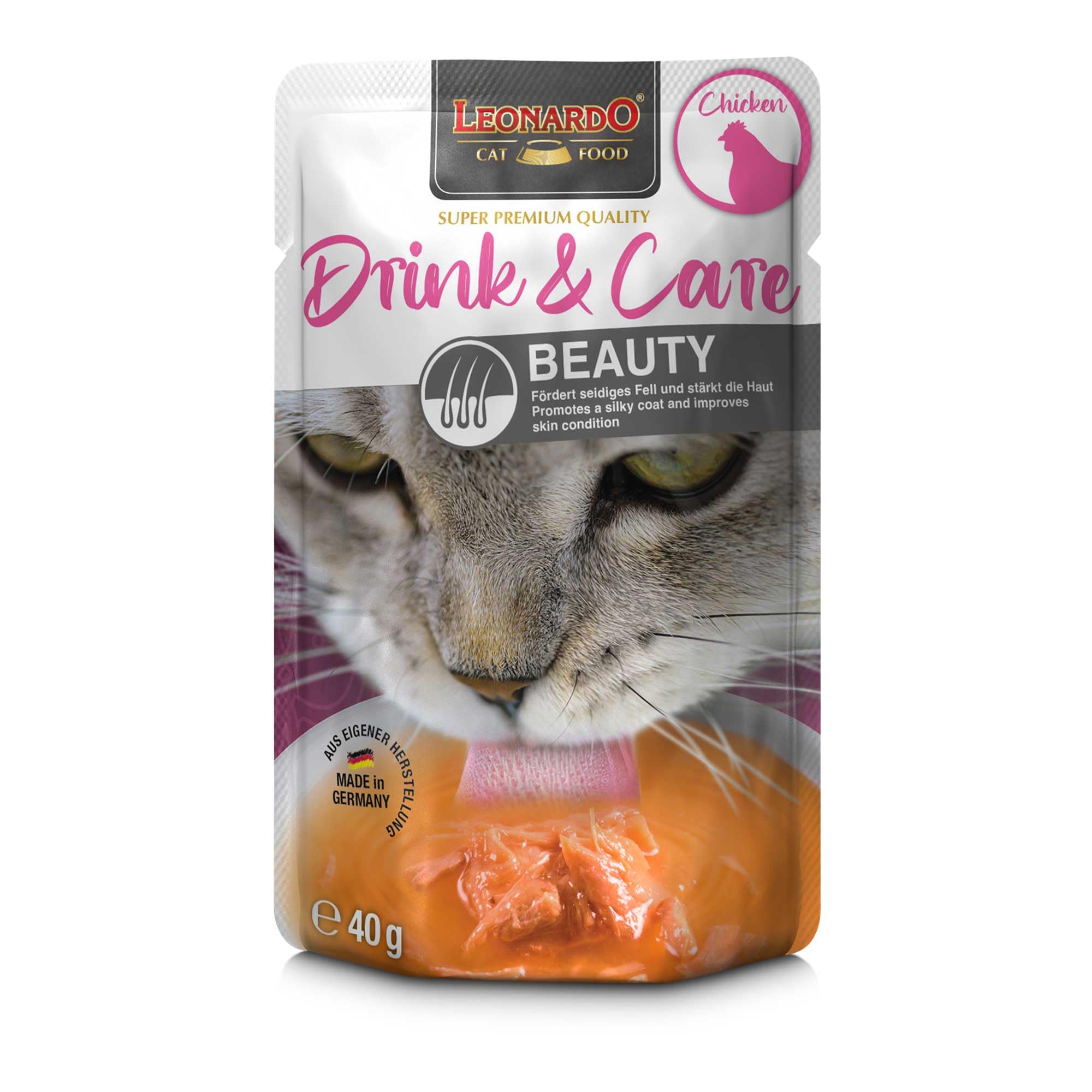 Leonardo Drink & Care Beauty Chicken | Doppelpack | 2 x 20 x 40 g | Ergänzungsfuttermittel für ausgewachsene Katzen | Zur Unterstützung der Flüssigkeitsaufnahme | Ideal als Futtertopping