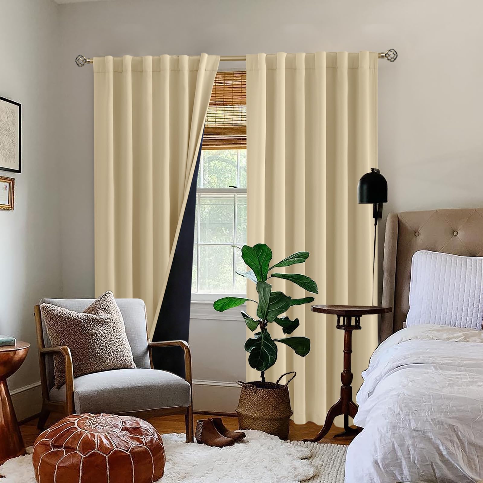 BGment Full Blackout Curtains with Thermal Insulation Liner Curtains 95 Inches Long, Rod Pocket and Back Tab Double Layer Room Darkening Window Curtain for Bedroom(52 x 95 Inch, 2 Panels, Natural)