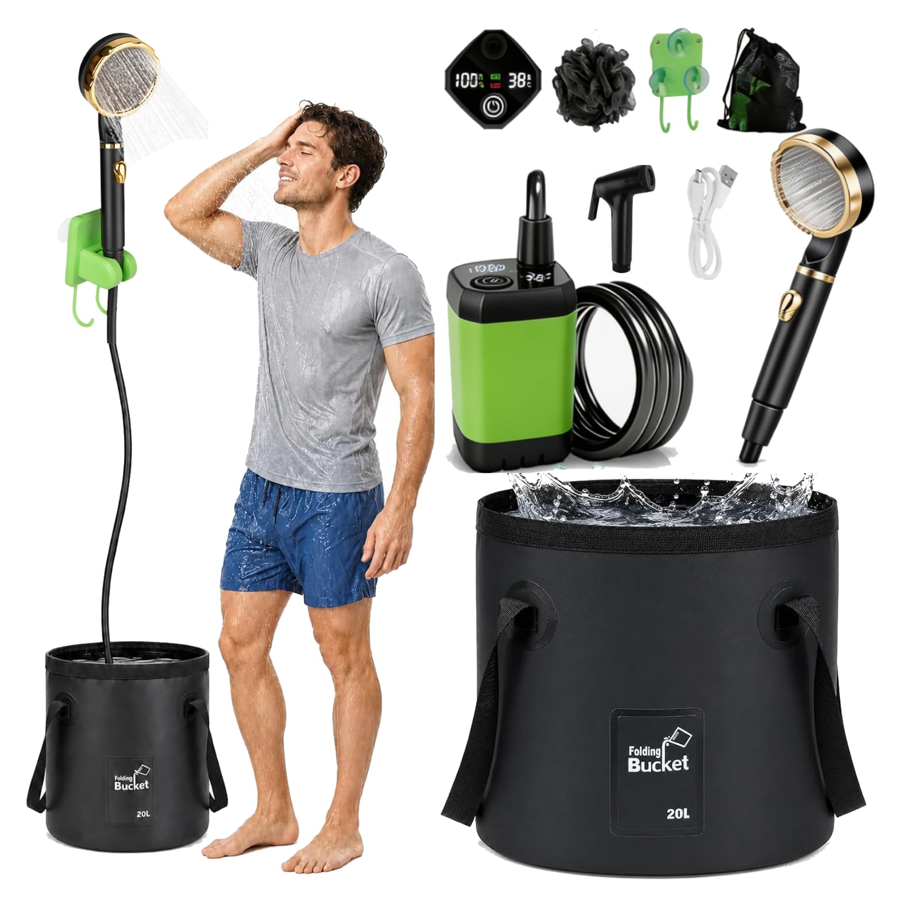 Capsste Portable Shower for Camping, 6000mAh Rechargeable Camping Shower Pump with LED Display, 20L Foldable Bucket, Rinse Kit, IPX7 Waterproof, for Hiking, Travel, Car, Pet