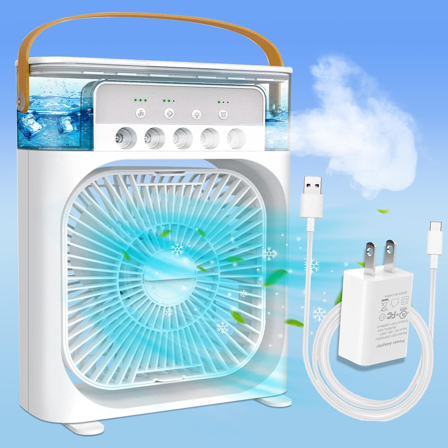 Portable Air Conditioner,Personal Air Cooler Small Quiet Evaporative with AC Adapter,Mini Humidifier Misting Fan, 1/2/3 H Timer, 3 Speeds,60°Adjustment for Office, Home, Room,Dorm,Outdoor - White