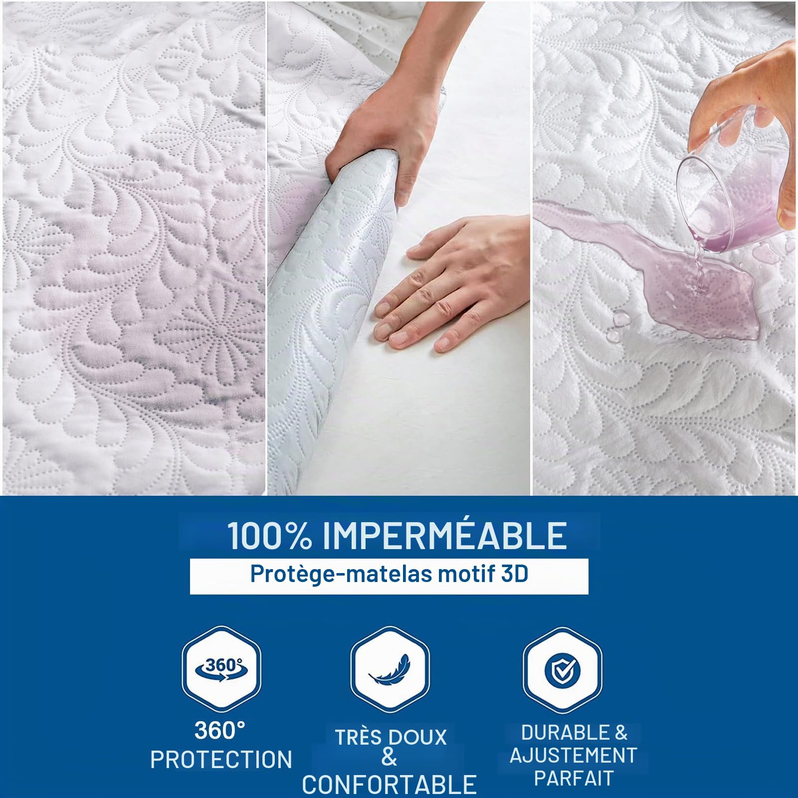 Protège-matelas imperméable, 200 x 200 cm, drap-housse de luxe, motif 3D, super absorbant, housse de matelas respirante, protection contre l'humidité, blanc