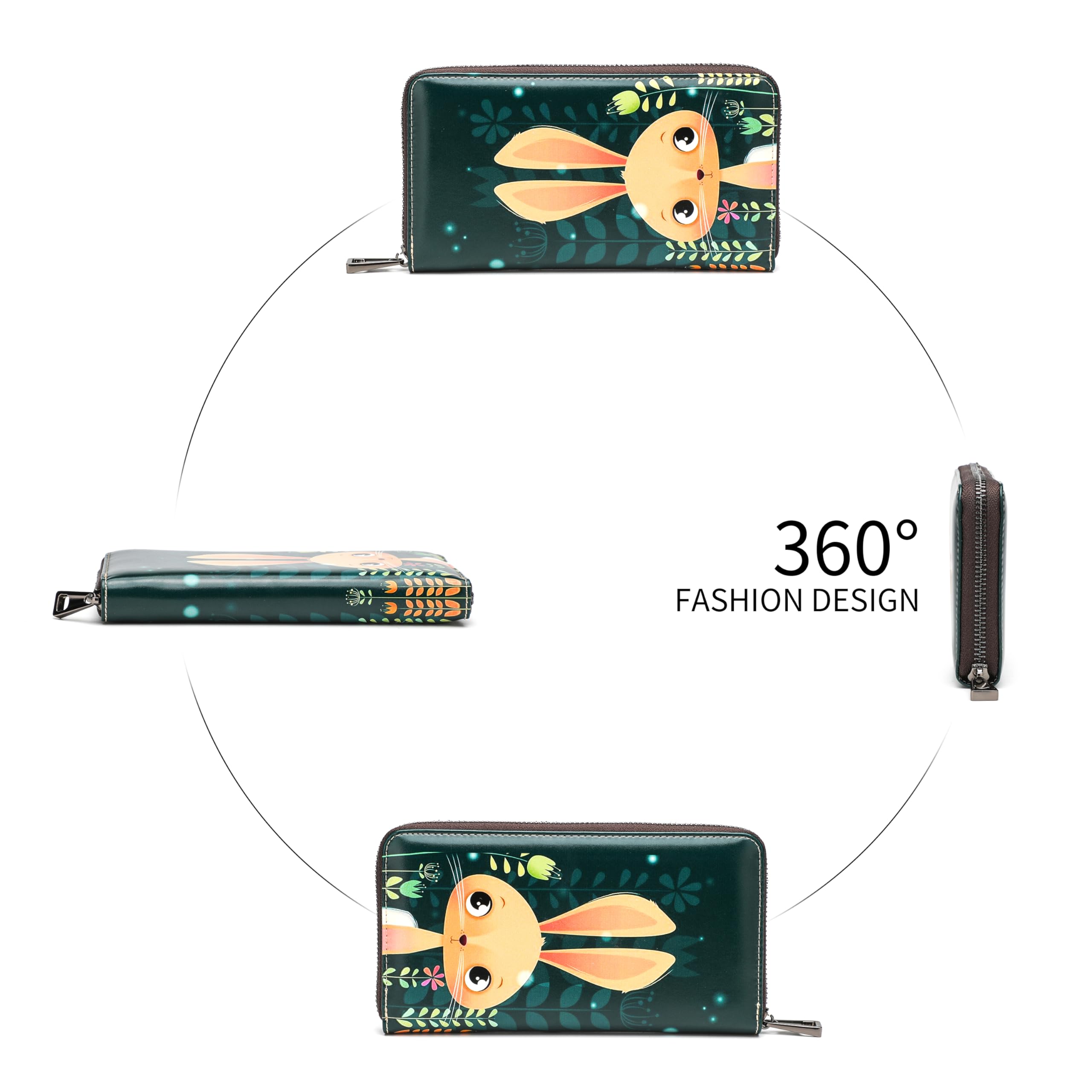 ANFUMAN Womens Wallet RFID Credit Card Holder Travel Leather Zipper Wallets for Women Rabbit