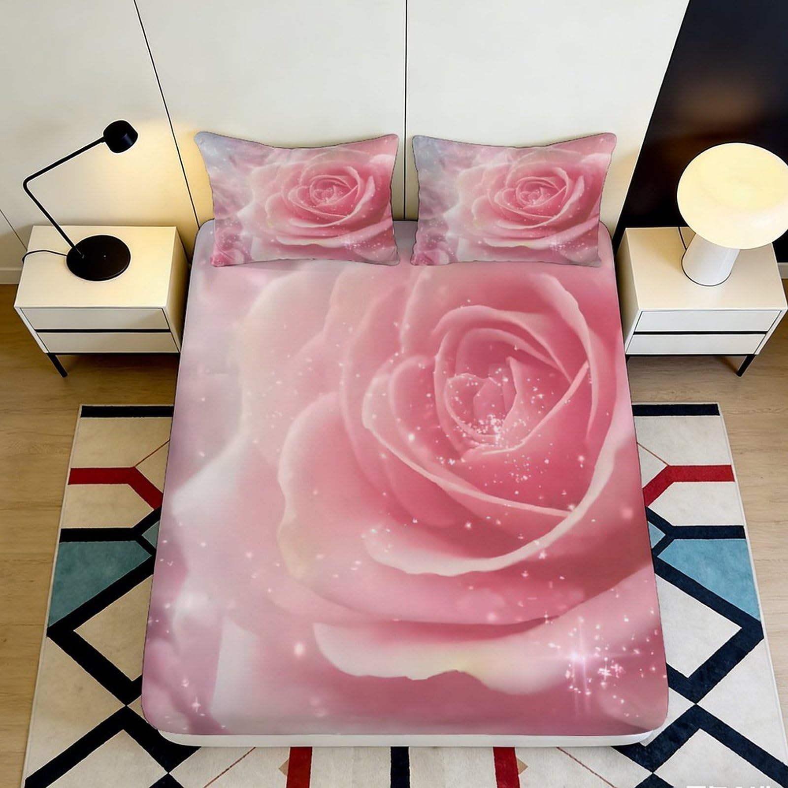 3D Printed Pink Rose Fitted Sheet Microfiber Soft Breathable Waterdrop Pattern Mattress Cover for Bedroom Guest Room 90x200x25cm