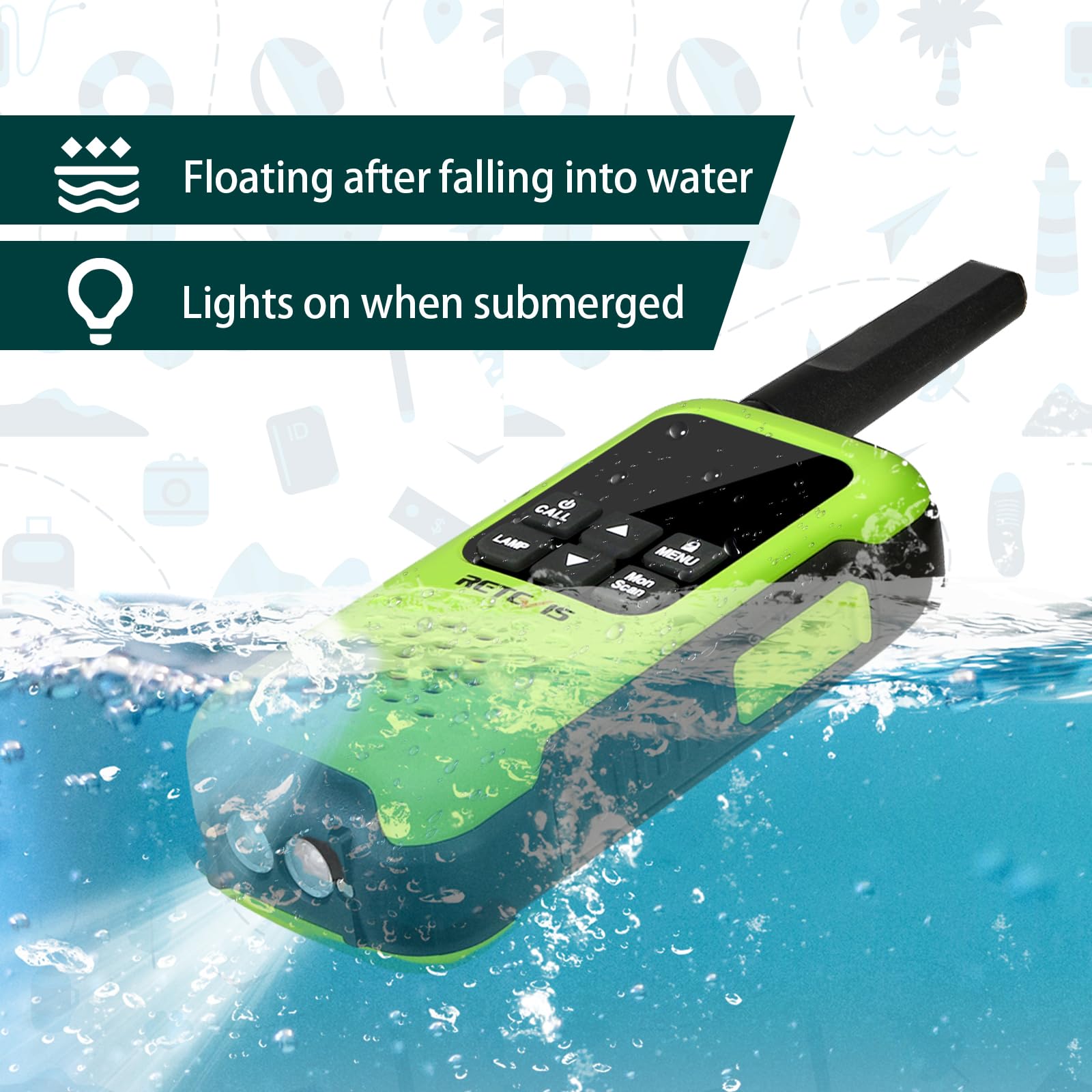Retevis RT649P Walkie Talkie, IP67 Funkgerät Wasserdicht, Schwimmfähig, Wiederaufladbar, SOS-Alarm, Geeignet zum Surfen, für Rettungseinsätze, Rudern und Angeln